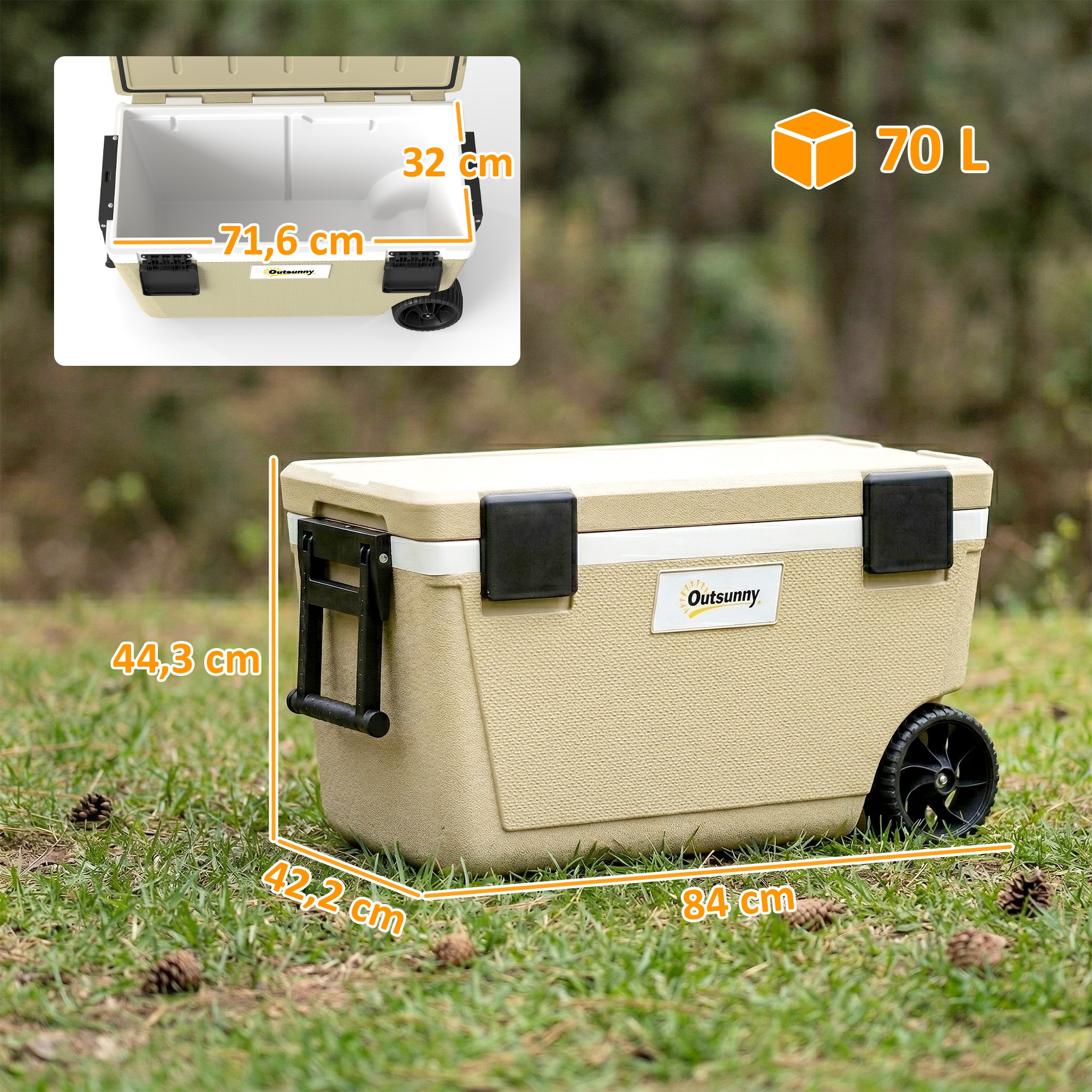 Kühlbox 70L Große Passive Thermobox bis zu 72 Std. Kühlung, mit PU-Vollschaumisolierung Rädern Ablassventil Griff