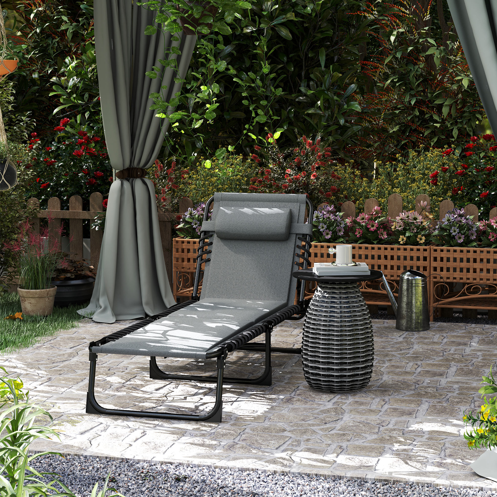 Liegestuhl, Sonnenliege mit Polsterung und Seitentasche, Gartenliege, Pool-Liege, Polsterliege, Grau