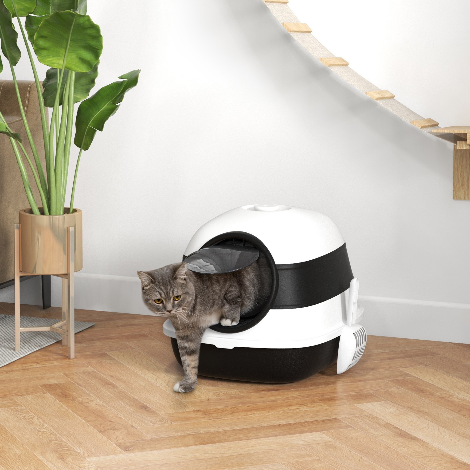 Katzentoilette, mit Deckel und Streuschaufel, für Katzen bis 5 kg, 52x41x38 cm, Weiß/Schwarz