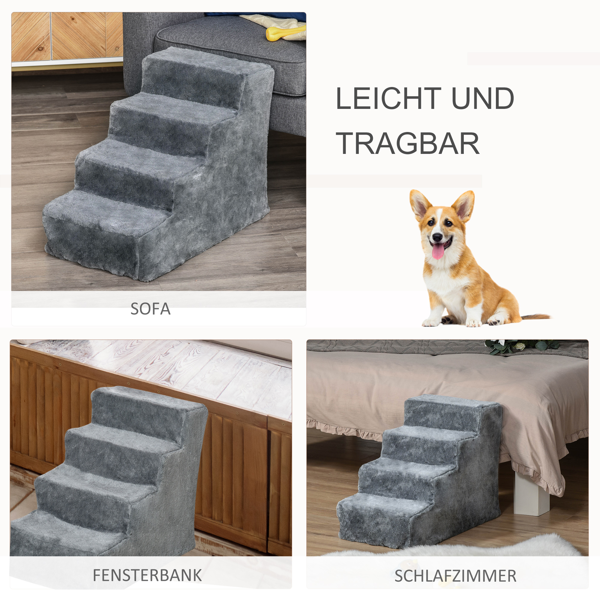 Hundetreppe 4 Stufen 44 cm Hoch Haustiertreppe für Kleine Hunde Katzentreppe Hunderampe mit Waschbar Bezug Einstiegshilfe für Bett, Sofa, Couch Hellgrau