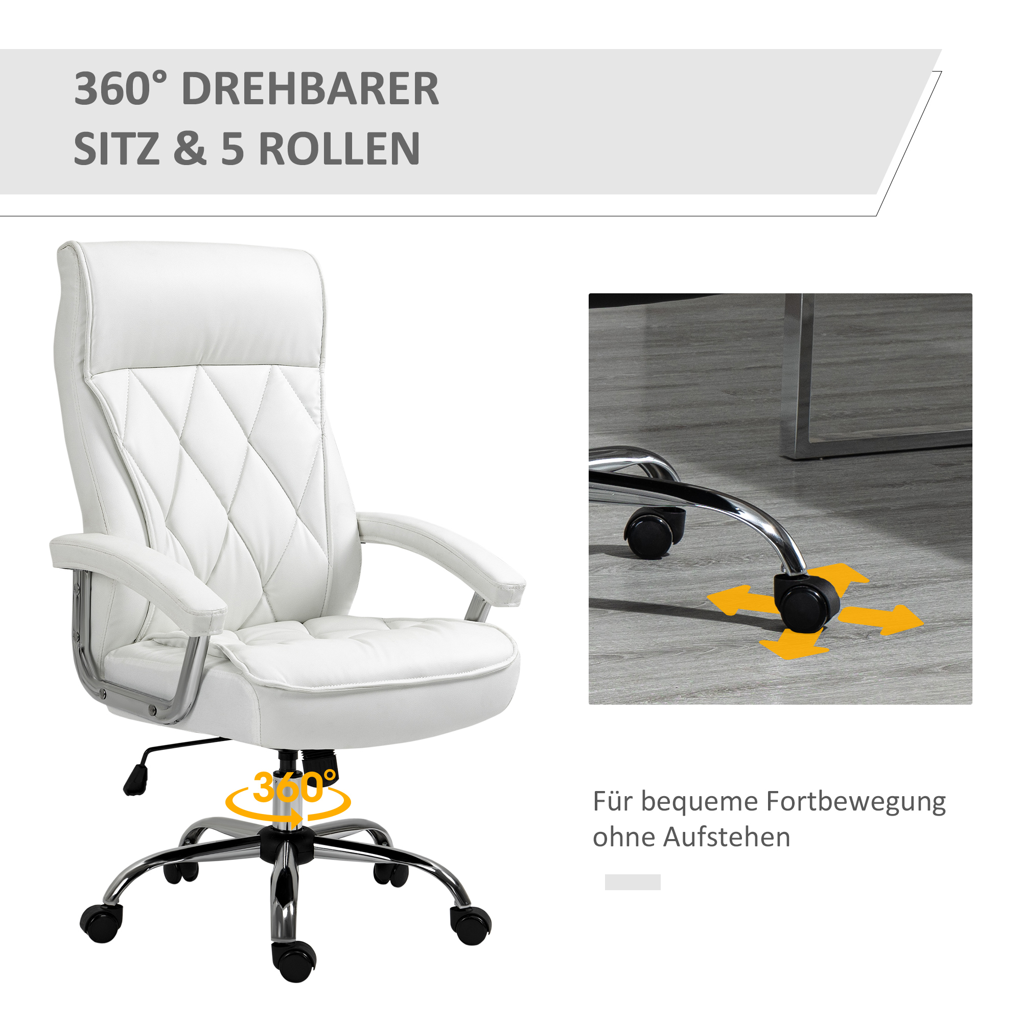 Bürostuhl, ergonomischer Schreibtischstuhl, höhenverstellbarer Drehstuhl mit Wippfunktion, Rautenmuster, Kunstleder, gepolsterter Chefsessel, Weiß