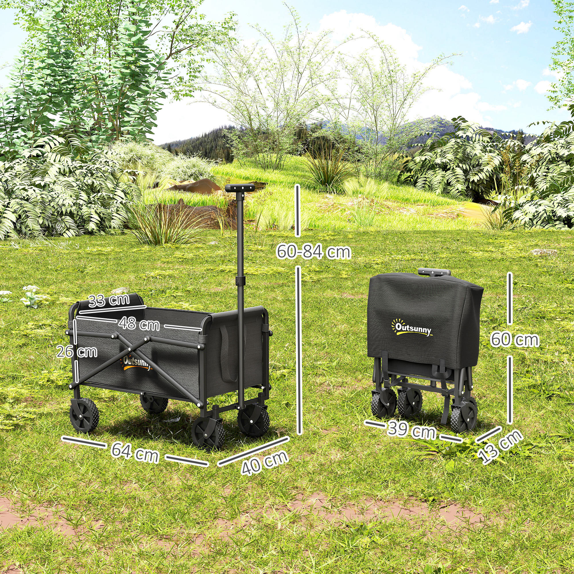 Bollerwagen faltbar Handwagen 360° Gartenwagen mit verstellbarem Griff Strandwagen bis 60 kg für Sport Einkauf Schwarz