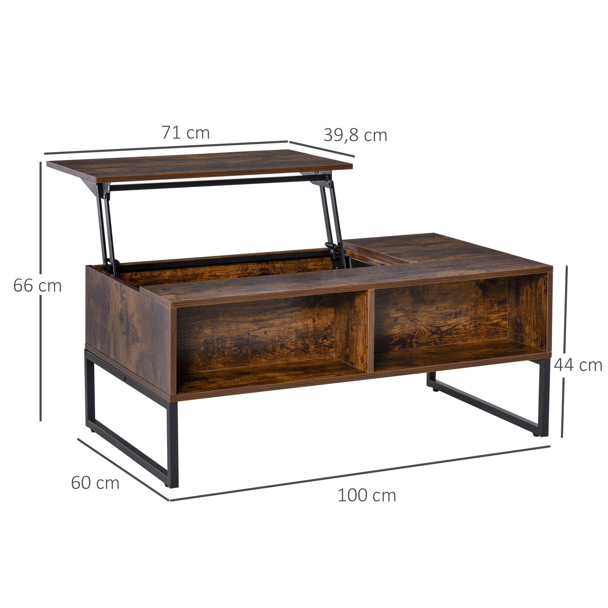 Couchtisch Wohnzimmertisch Kaffeetisch mit Höhenverstellbarer Platte Spanplatte Braun 100 x 60 x 44 cm