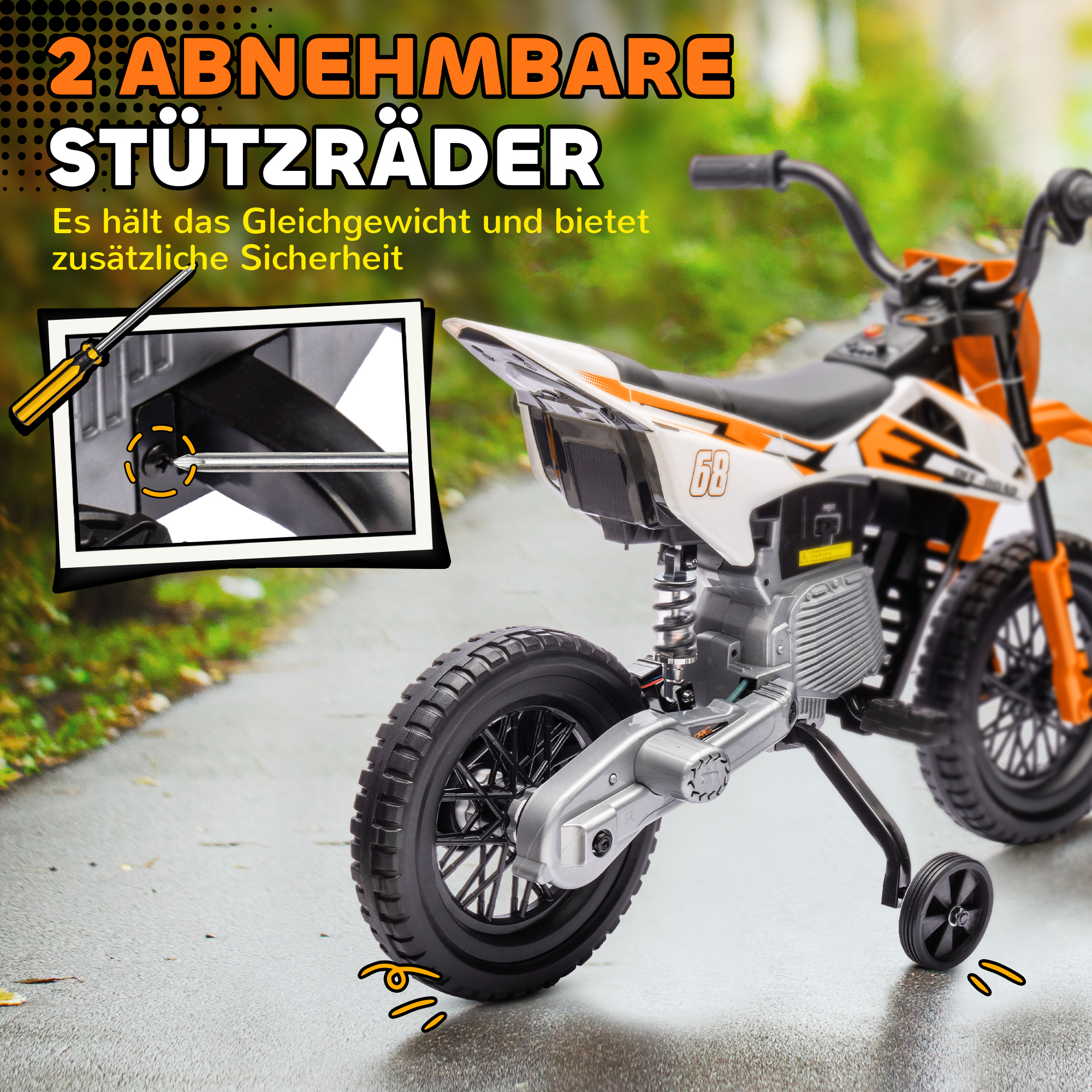 Elektro-Motorrad für Kinder, 12V Kindermotorrad mit Musik, Kinderfahrzeug mit Trainingsrädern, 3-6 Jahre, Orange