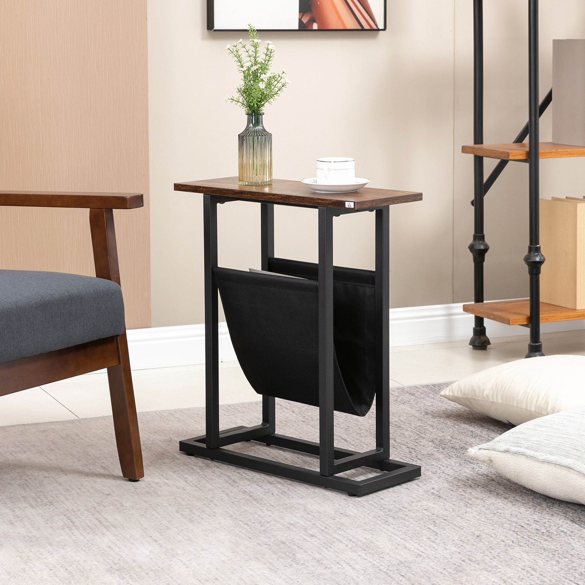 Beistelltisch, Nachttisch, schmales Design, mit Stofftasche, Stahl, dunkelbraun+schwarz, 49 x 19 x 55cm