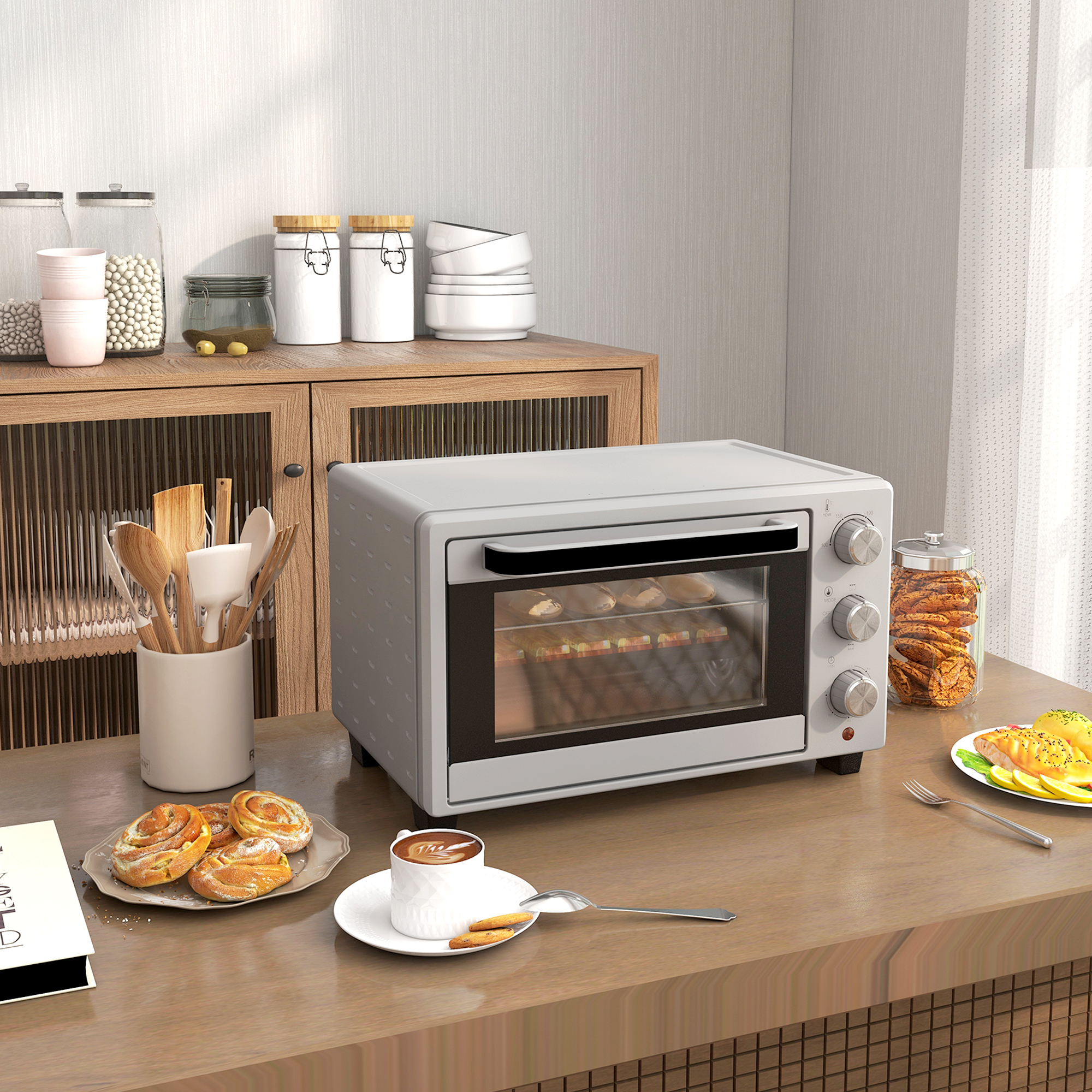Minibackofen, 21 L Toasterofen mit 1 Drahtgestell und 1 Backblech, 3 Kochmodi, 100 °C-230 °C, Edelstahl, Glas, Silber