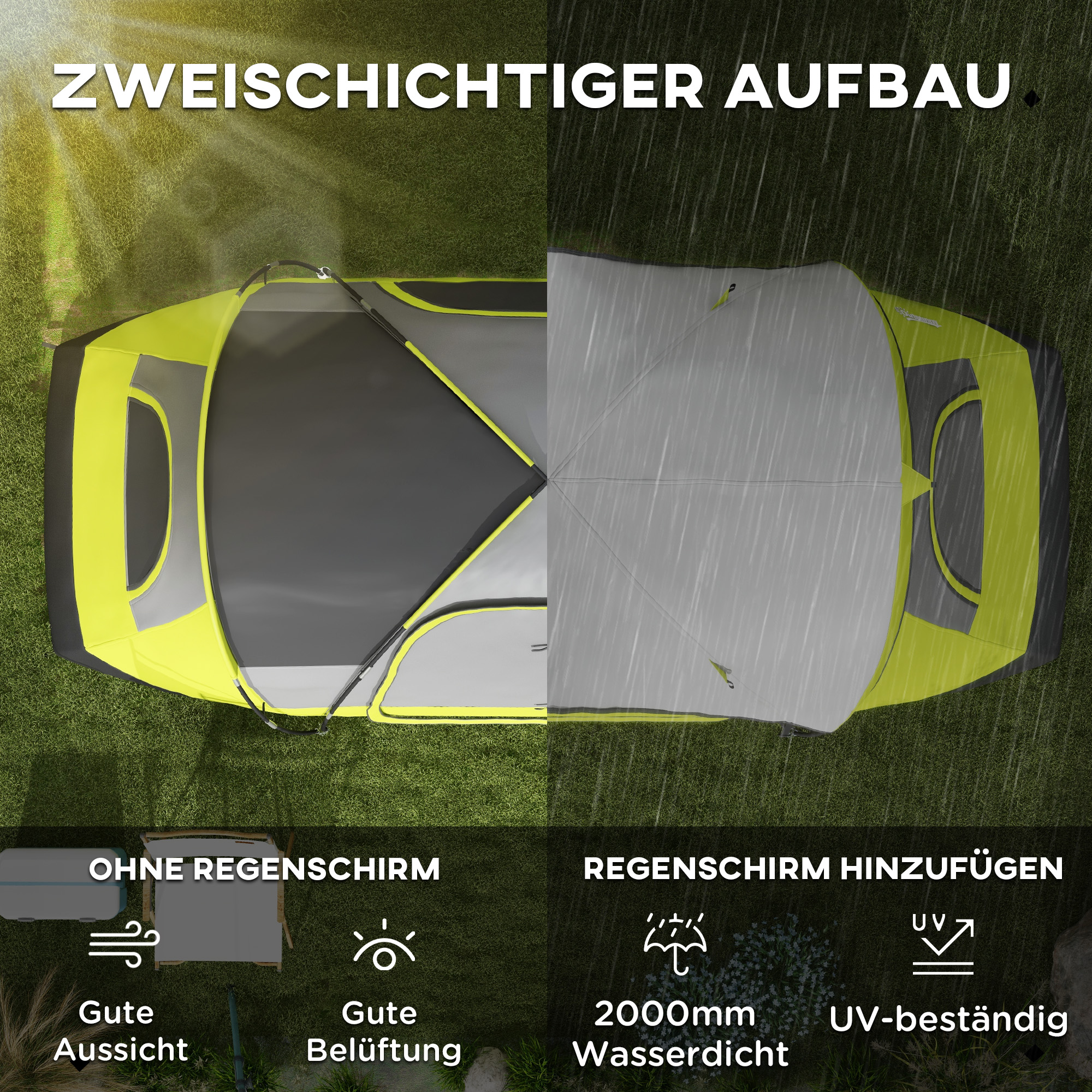 Campingzelt, 2 Räume, Trennwand, für 6-8 Personen, Regenschutz, Dunkelgrün