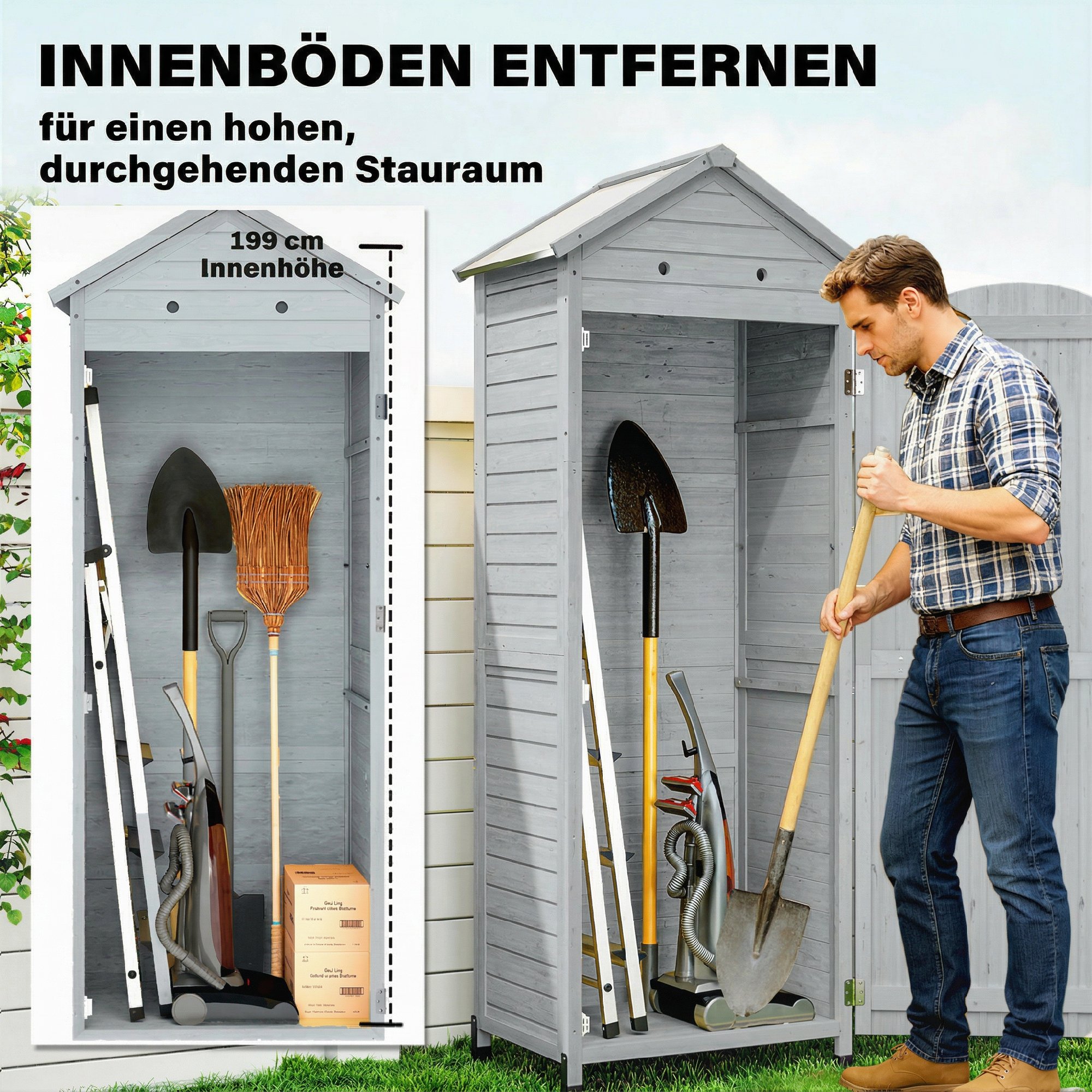 Gartenschrank Holz extra hohe Geräteschuppen mit verstellbar Ablage magnetisch Tür galvanisiert Dach Belüftung