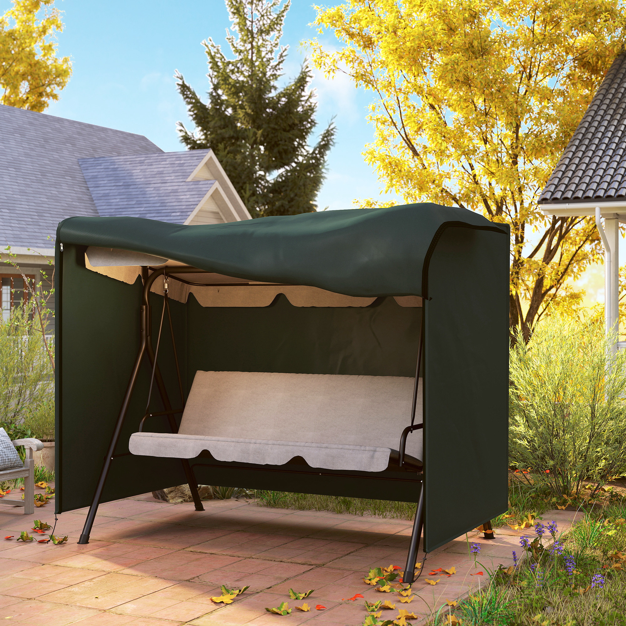Hollywoodschaukel Abdeckung 3 Sitzer, Wasserabweisend Winterfest Schutzhülle für Gartenschaukel, UV-Beständig Abdeckplane, Abdeckhaube, Reißfest 600D Oxford Gewebe, 205x124x164cm Dunkelgrün