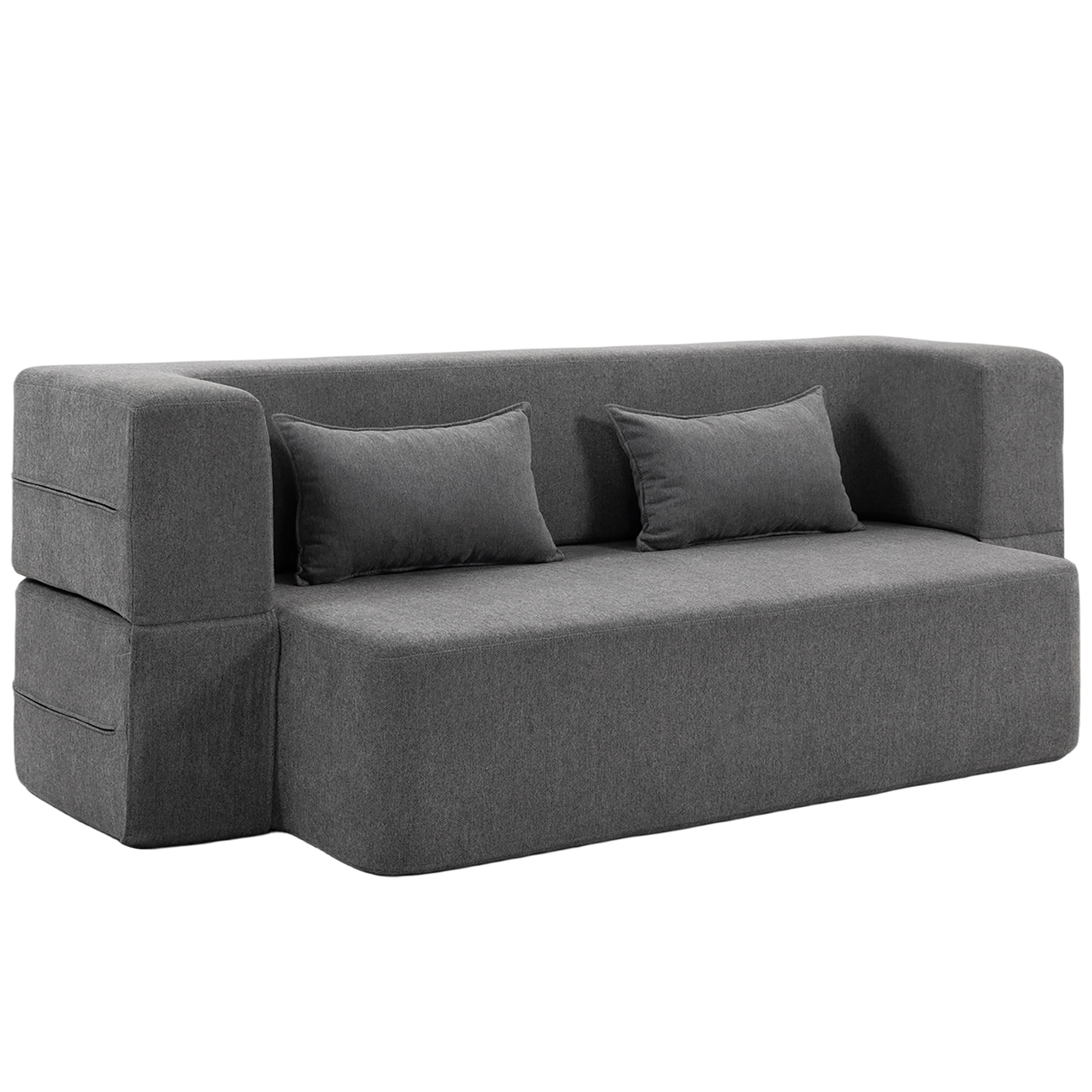 2-Sitzer-Schlafsofa aus Schaumstoff, Schlafcouch mit breiten Armlehnen, 2 Kissen, 360 kg Belastbarkeit, Grau