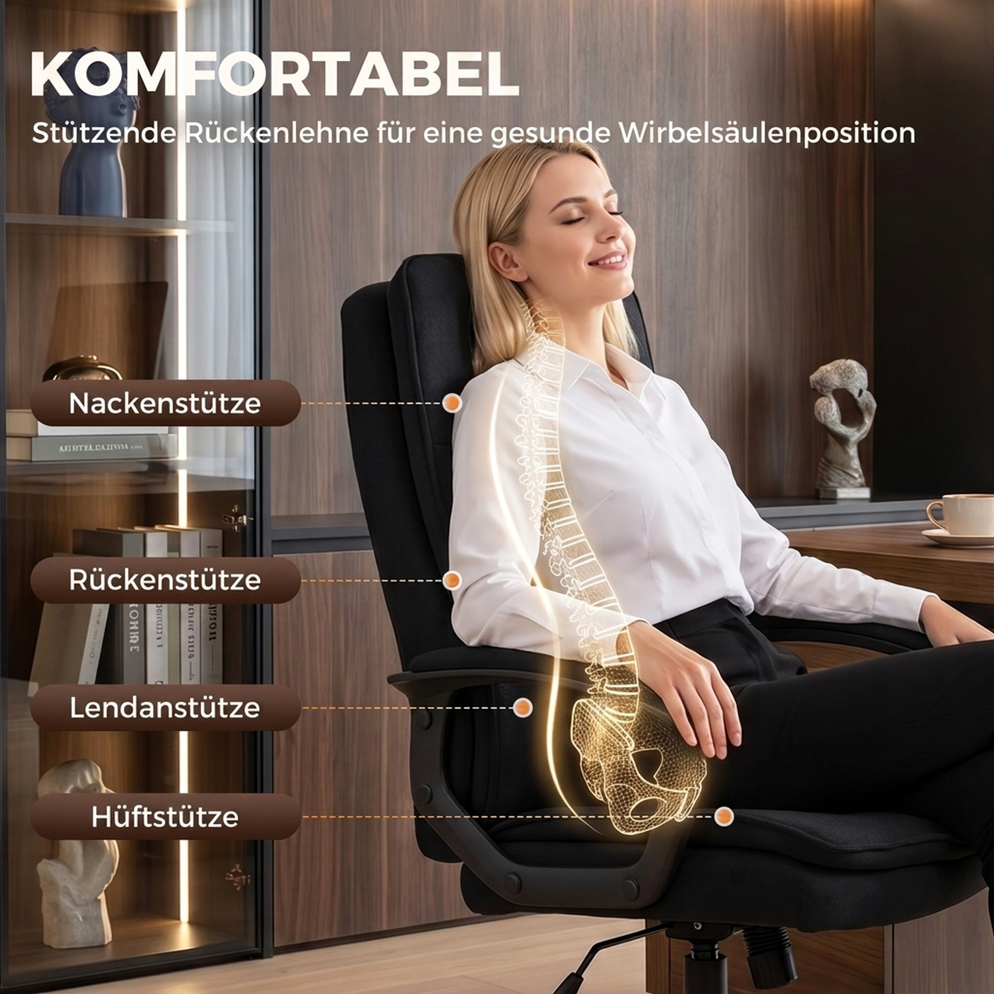 Chefsessel mit doppellagiger Polsterung, Bürostuhl aus Stoff, höhenverstellbar, mit Armlehnen, Schwarz