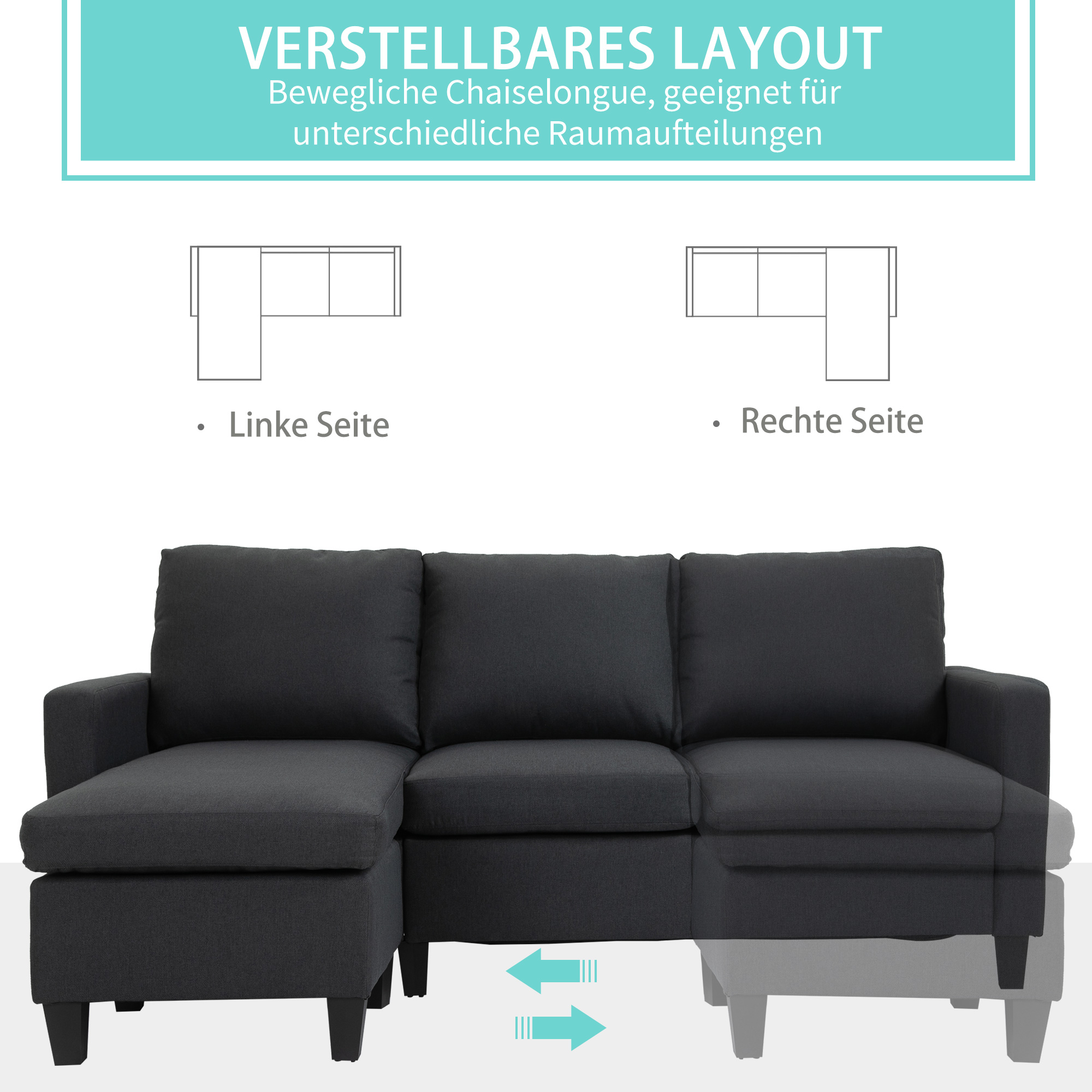 Ecksofa, 3 Sitzer Sofa und Kissen, Eckcouch, L-Form Couch für Wohnzimmer, Schlafzimmer 197 x 139 x 91 cm, Leinen, Dunkelgrau