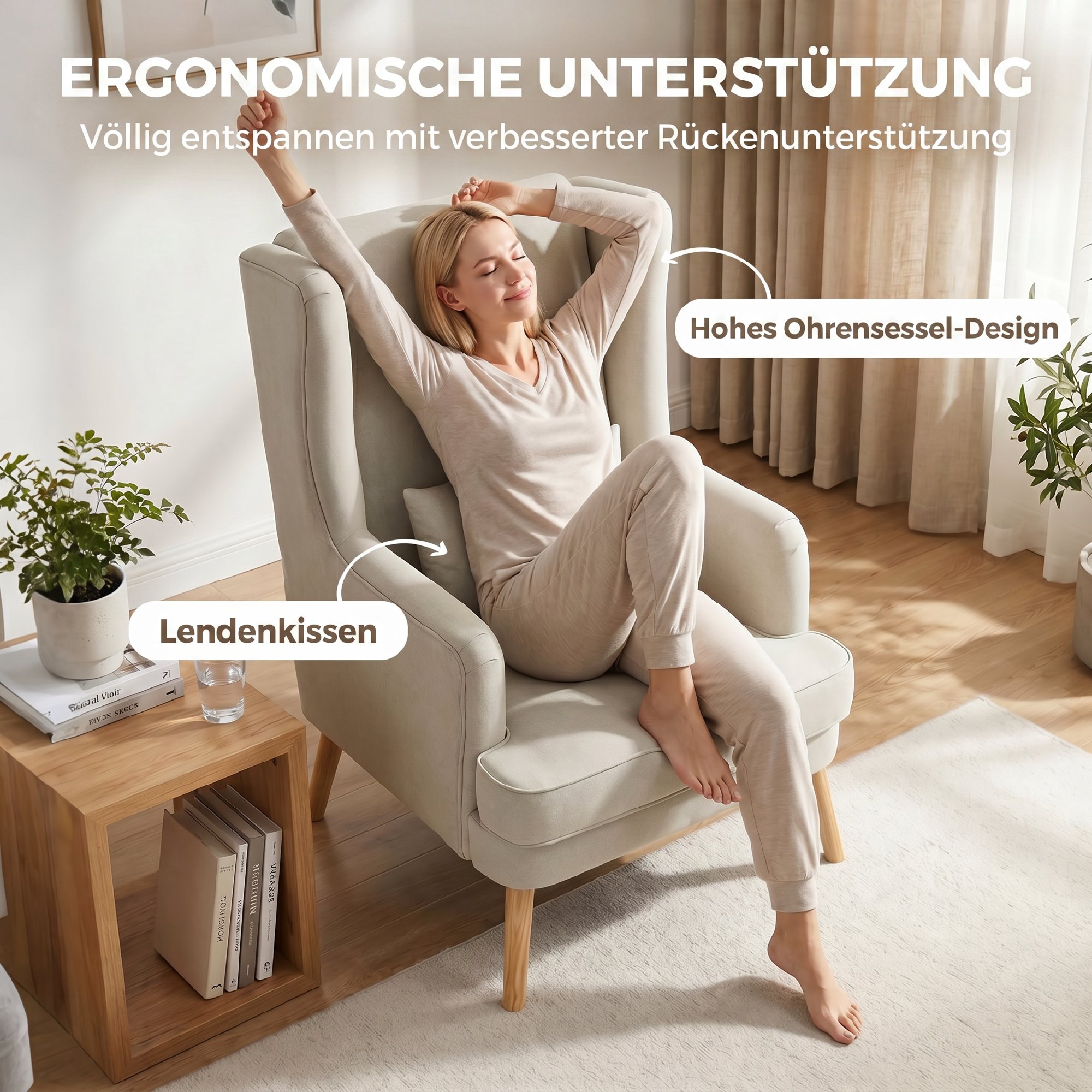 Akzentstuhl, Sessel mit Leinen-Optik, hoher Rückenlehne, breitem Sitz, Lendenkissen, Beige