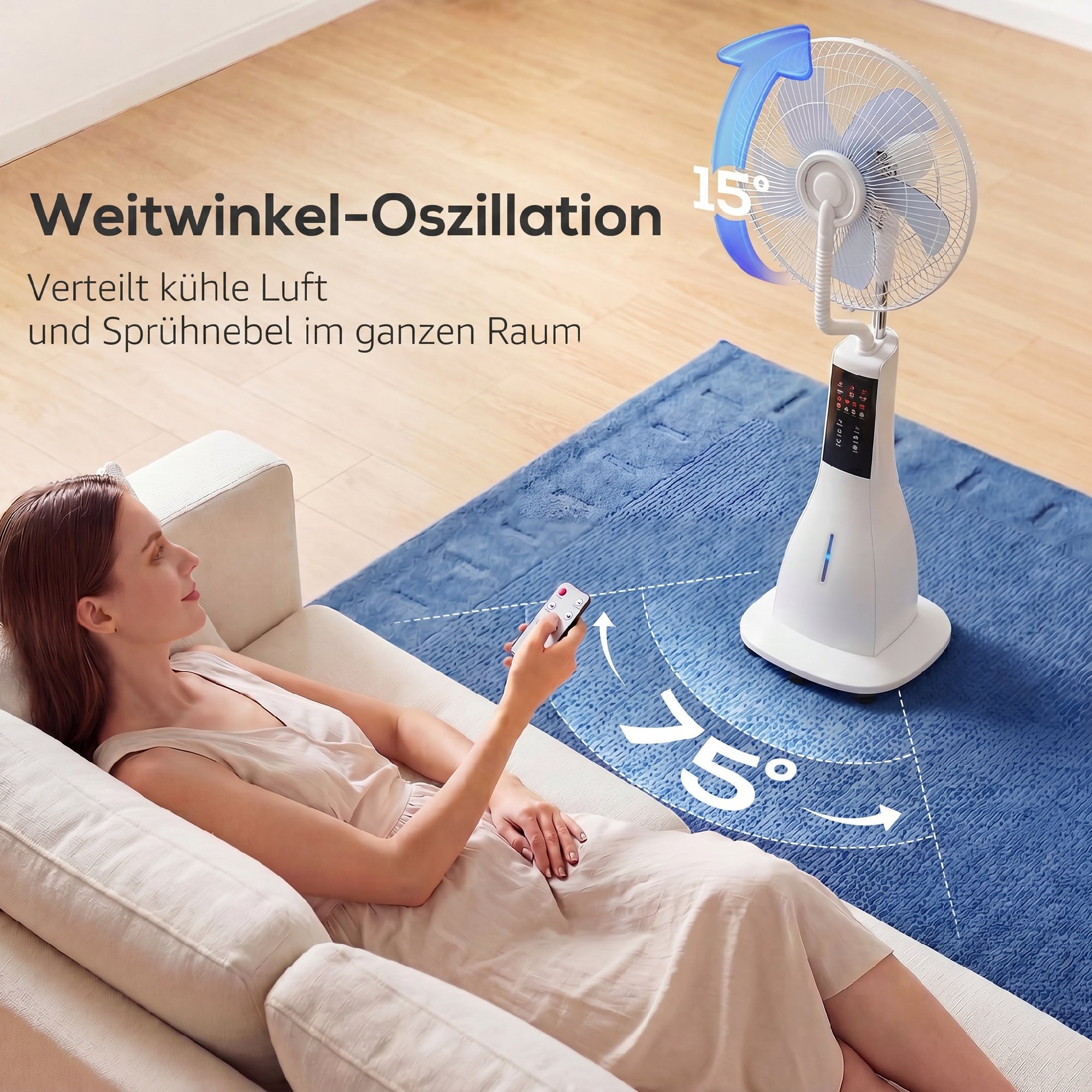Stehventilator mit Wassernebel, 75° Oszillation, 3 Geschwindigkeiten, 3 Modi, Weiß