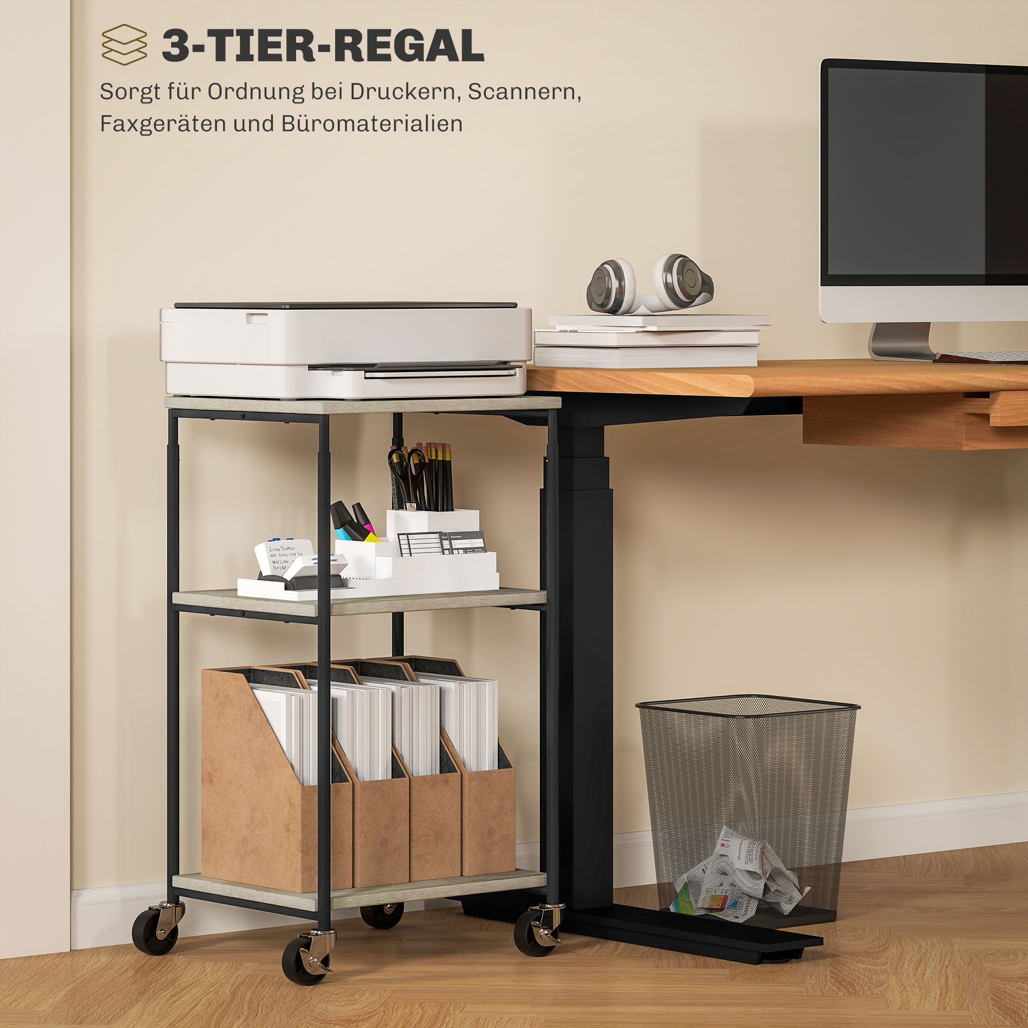 Druckerständer mit 3 Ebenen, höhenverstellbar, Mobiler Druckertisch auf Rollen, für Homeoffice, Metall und Holz