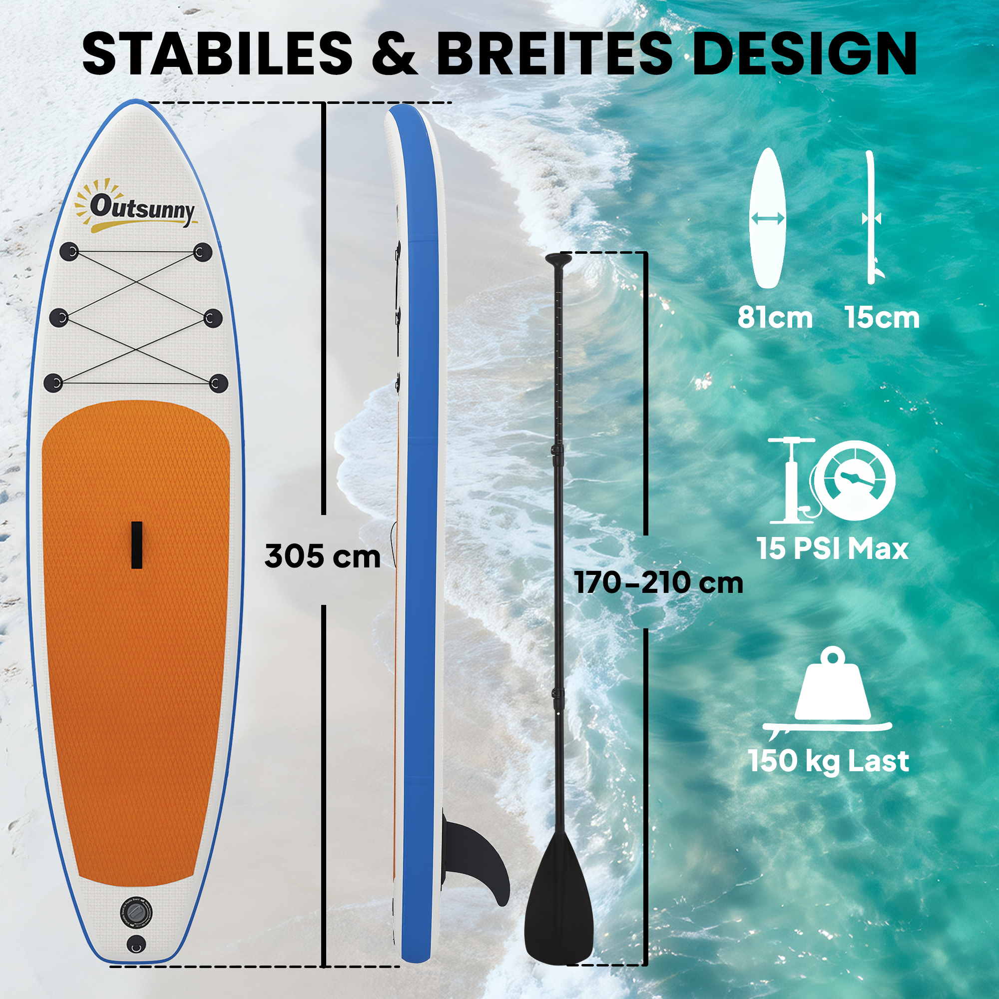 Stand Up Paddling Board Set Aufblasbar 305cm SUP Board mit Aluminium-Paddel abnehmbarer Finne Fußschlaufe