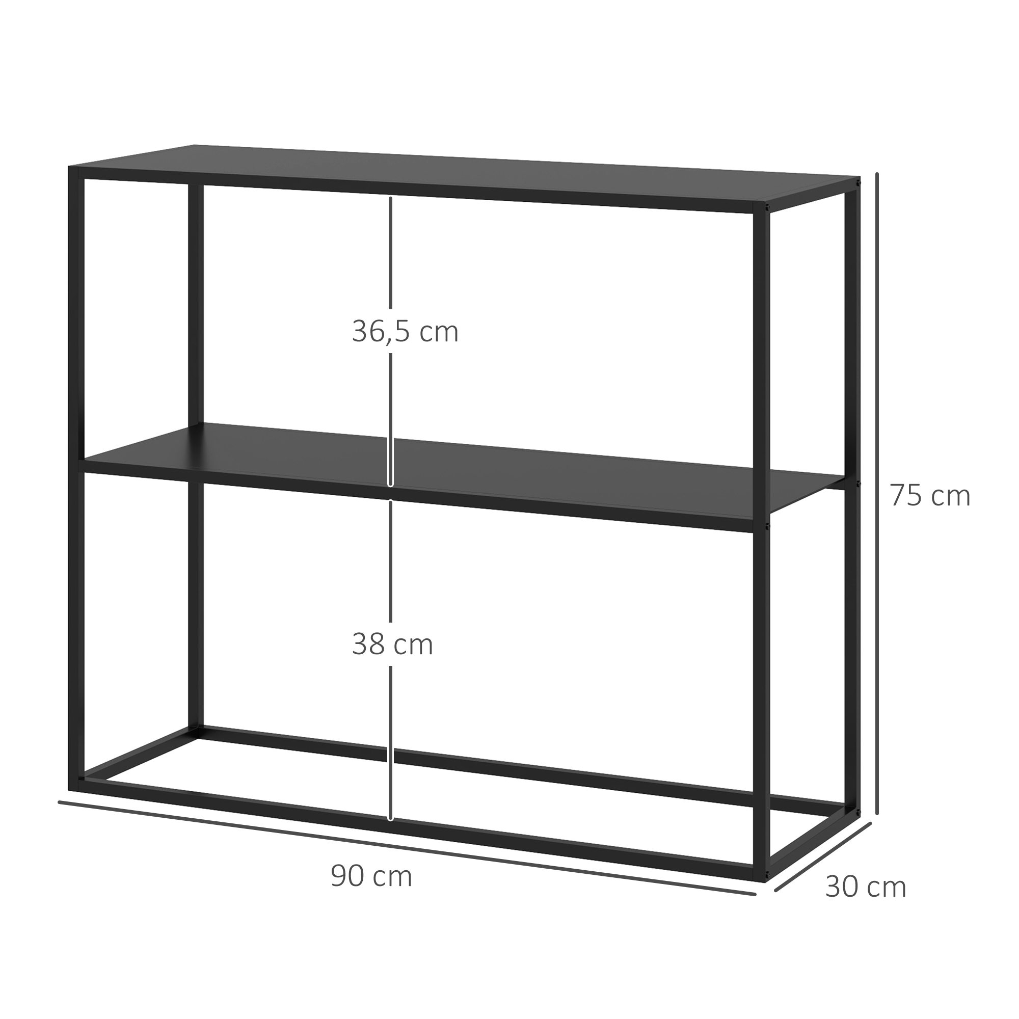 Konsolentisch, Sideboard, 2 Etagen, pulverbeschichteter Stahl, 90 x 30 x 75cm, schwarz