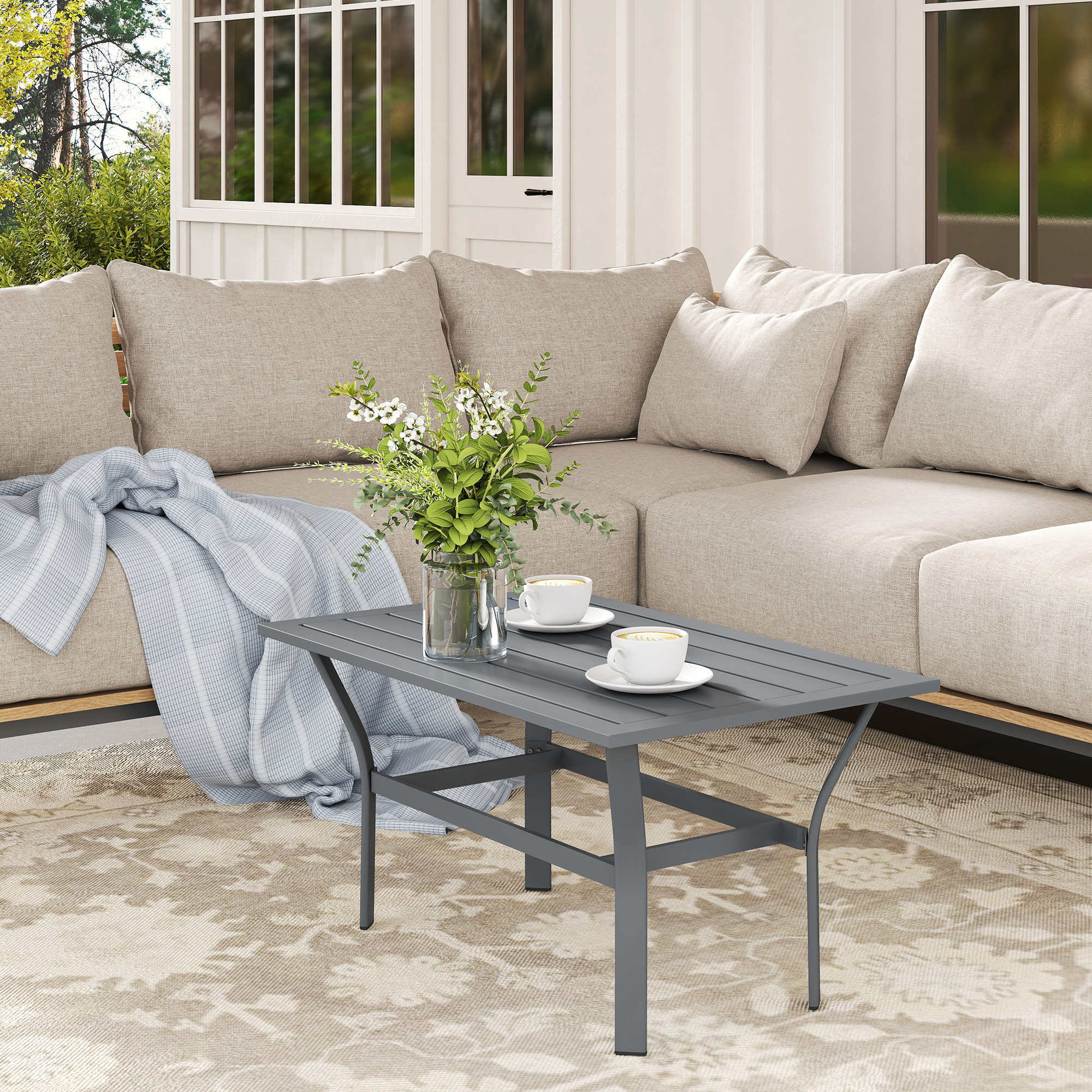 Beistelltisch Metall Balkontisch mit Lamellendesign wetterfest Kaffeetisch Gartentisch 91,5 x 55 x 45 cm Dunkelgrau