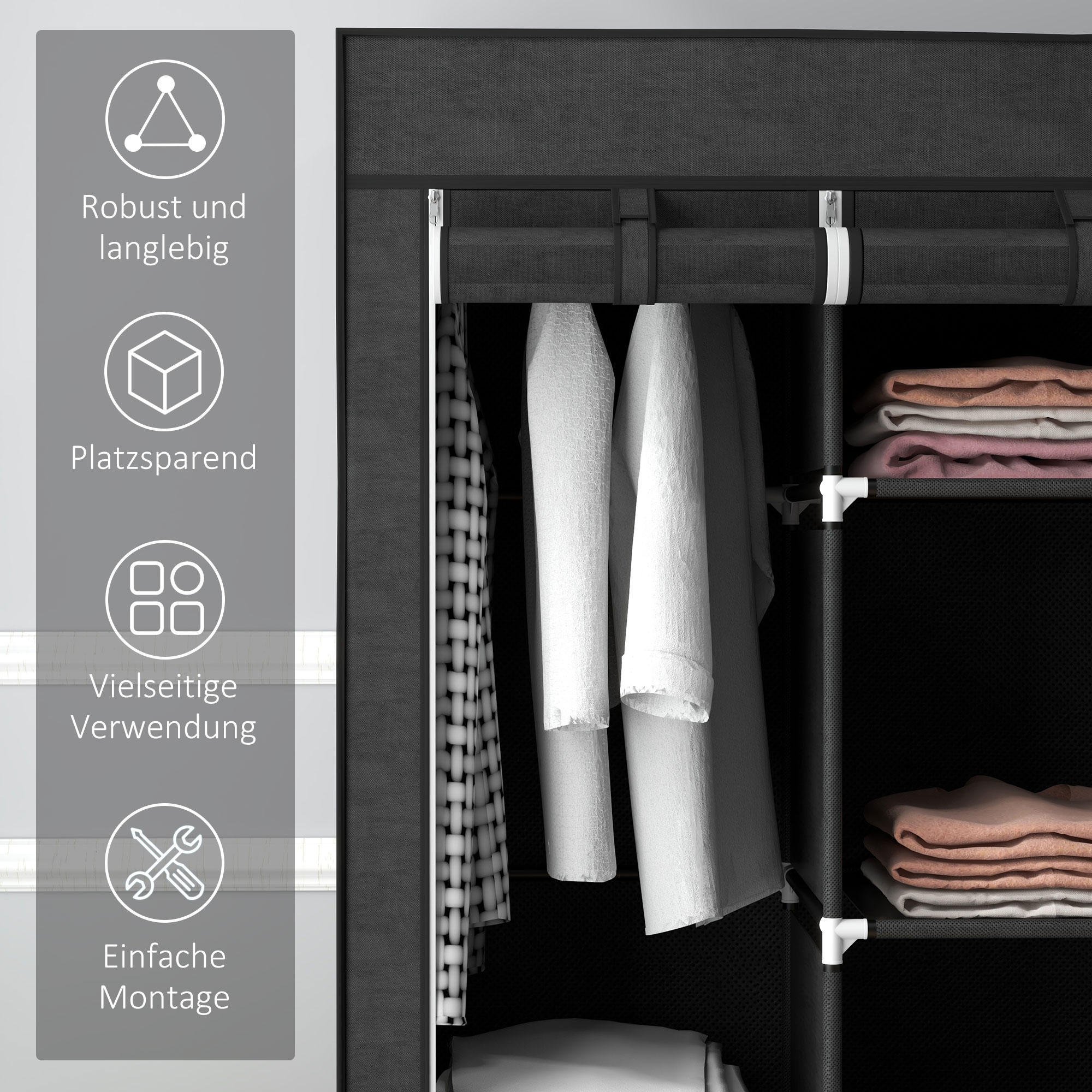 Schrank aus Stoff, Aufbewahrungslösung, 8 Regale, 2 Kleiderstangen, Schwarz