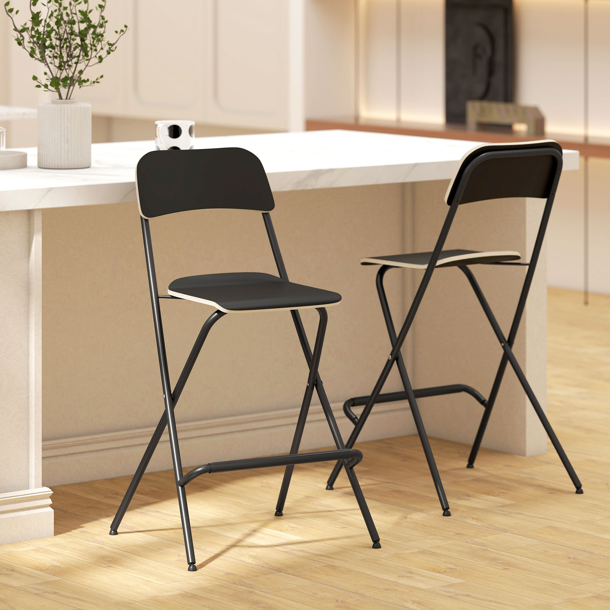 2er-Set Barhocker, klappbare Barstühle mit Stahlrahmen, für Küche, Esszimmer, Schwarz