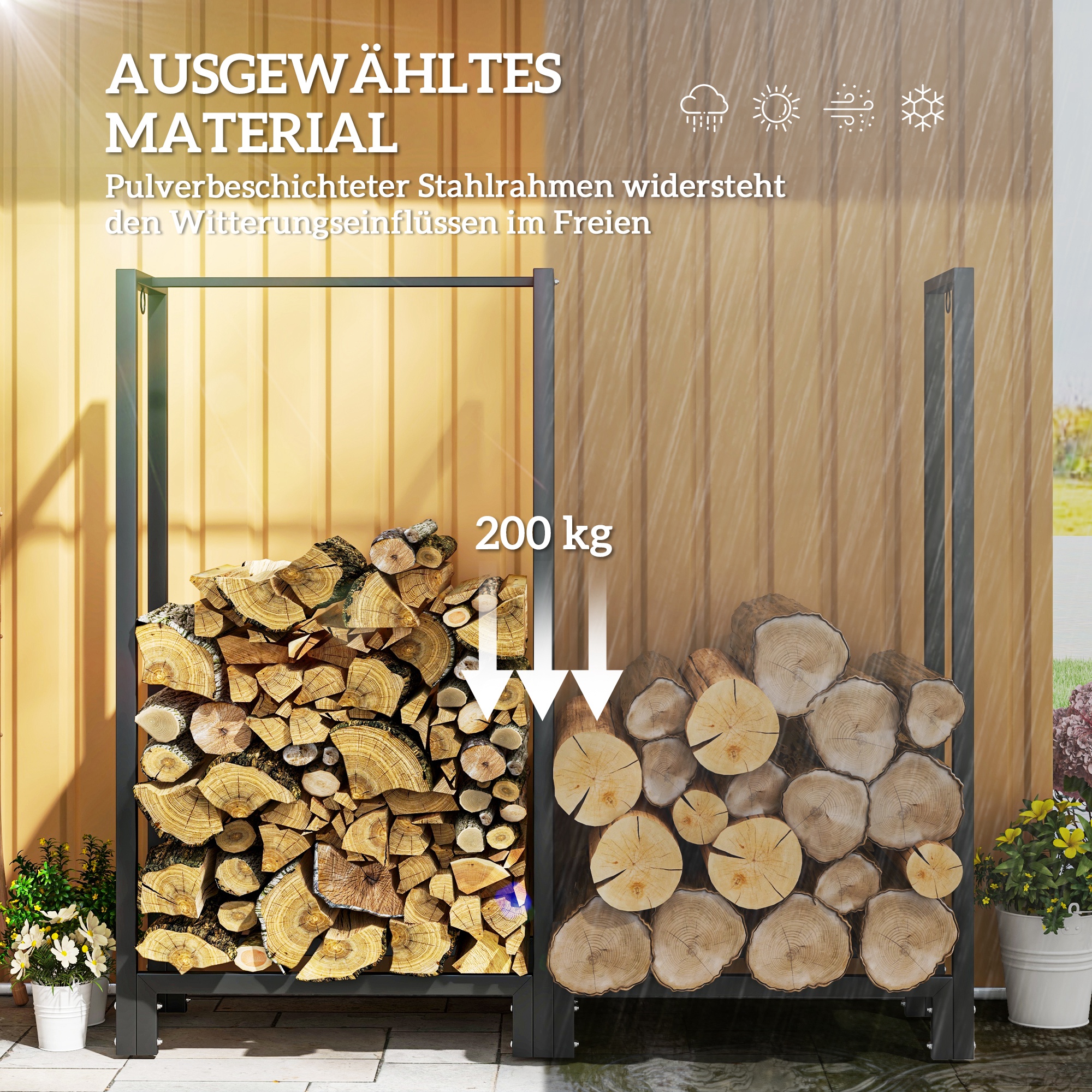 Feuerholzgestell, zwei Abschnitte, rostfreier Stahlrahmen, bis 200 kg, 123 x 32 x 115 cm, Schwarz