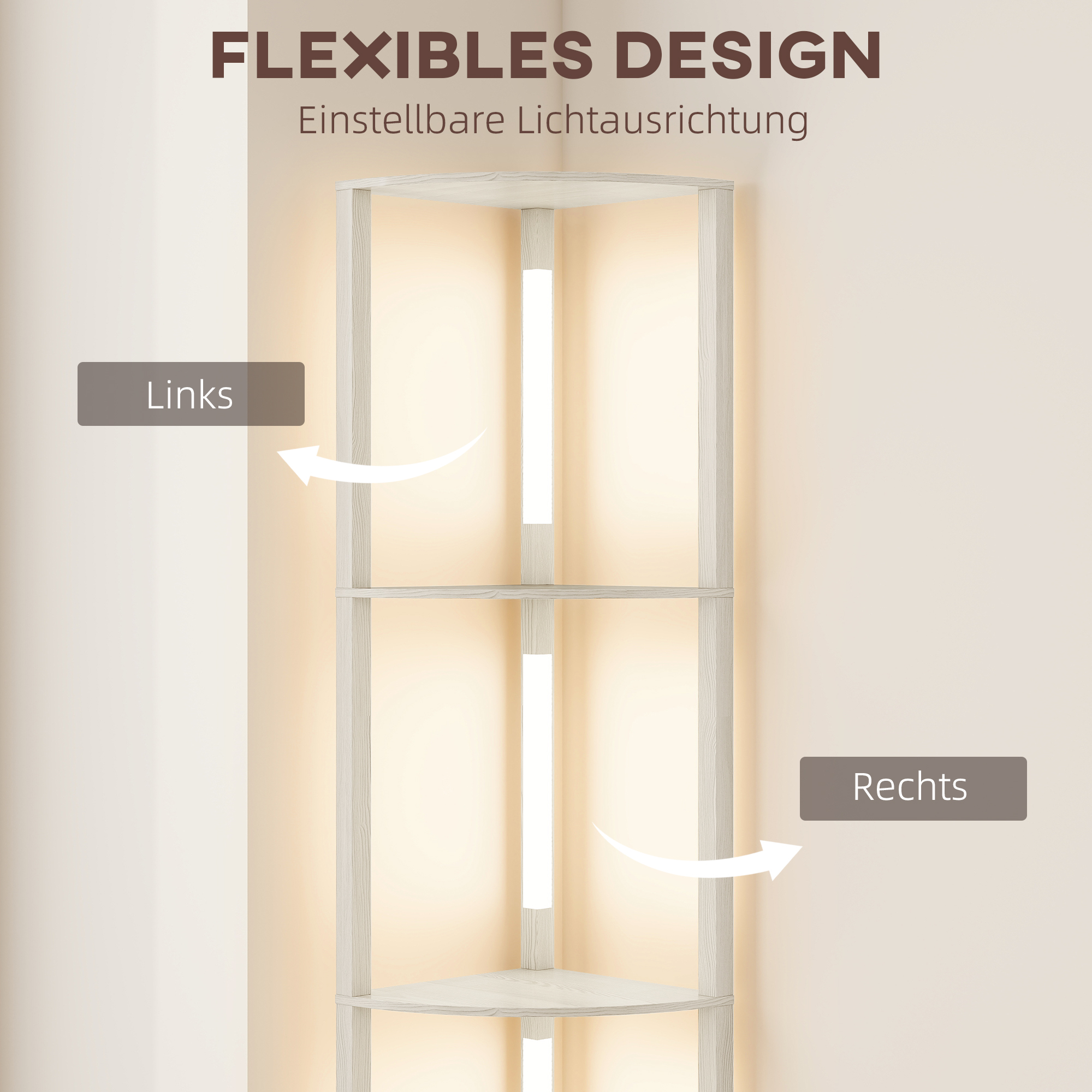 LED Standleuchte, Eckregal, dimmbar, 4 Ablagen, warmweißes Licht, 41x30x164cm, Eiche