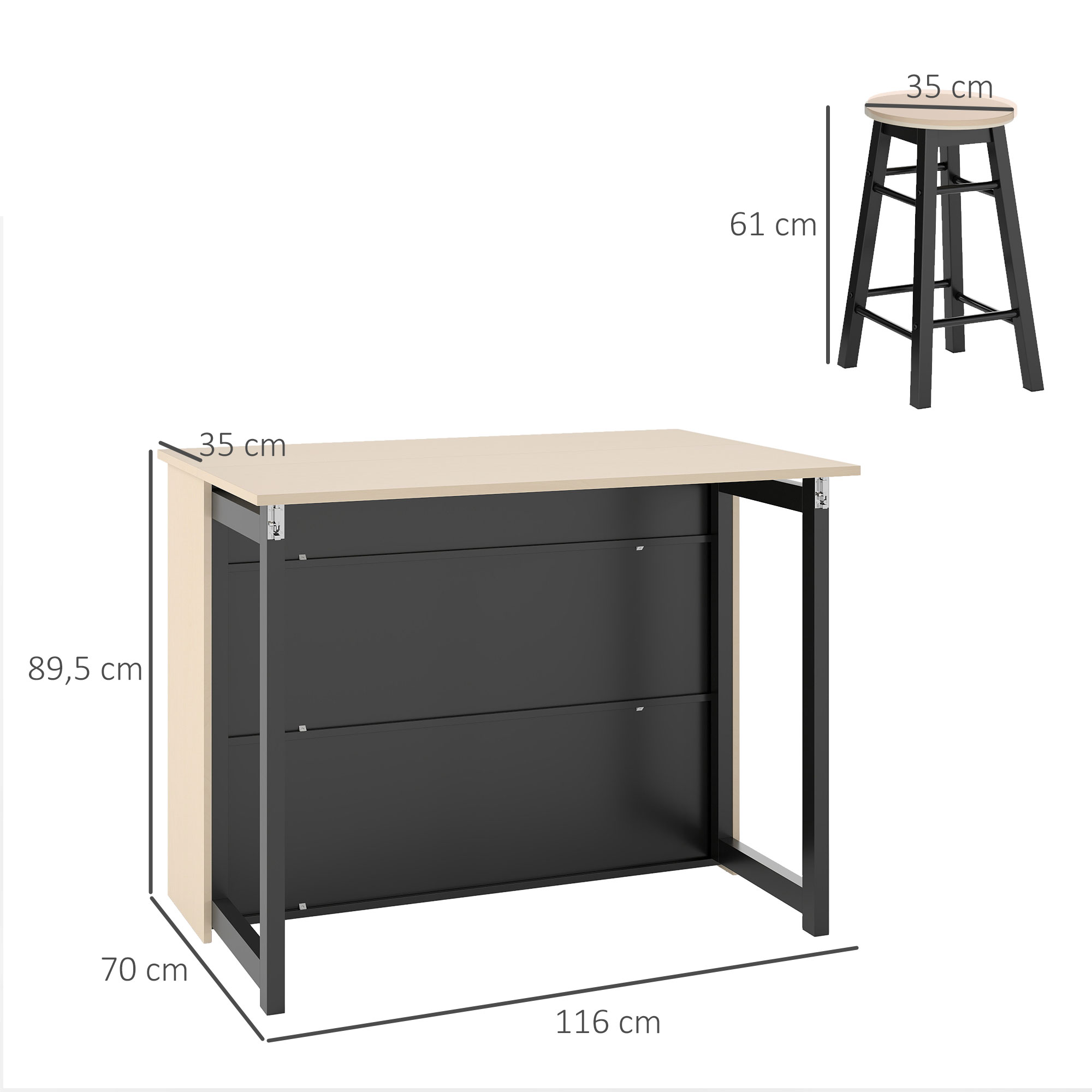 3-tlg, Barset, Bartisch mit klappbarer Tischplatte, 2 Barhocker, 6 Staufächer, schwarz+Eiche, 116 x 70 x 89,5 cm