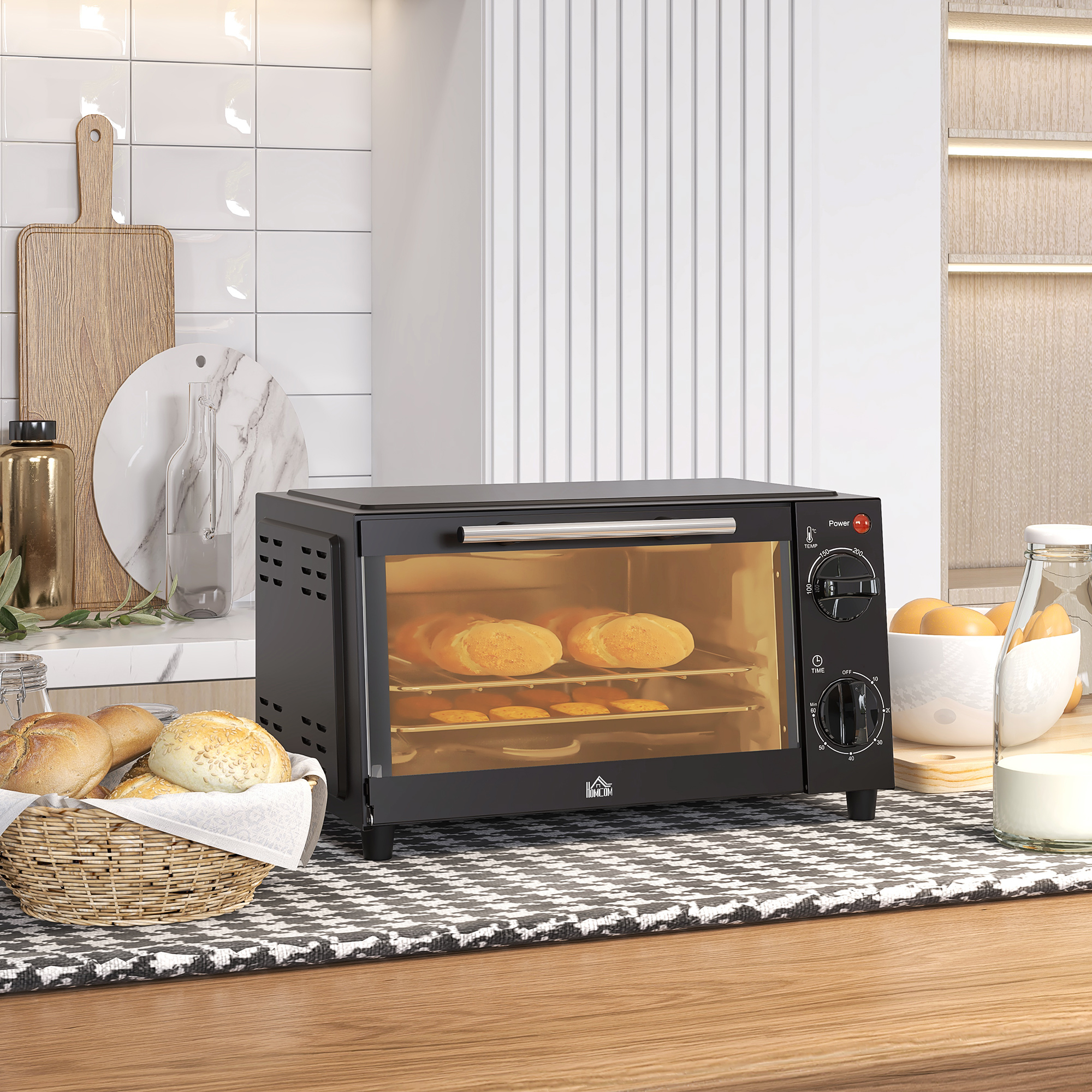 Mini-Backofen, 9 Liter Fassungsvermögen, Einstellbare Temperatur und Garzeit, mit Grillrost und Backblech, Schwarz