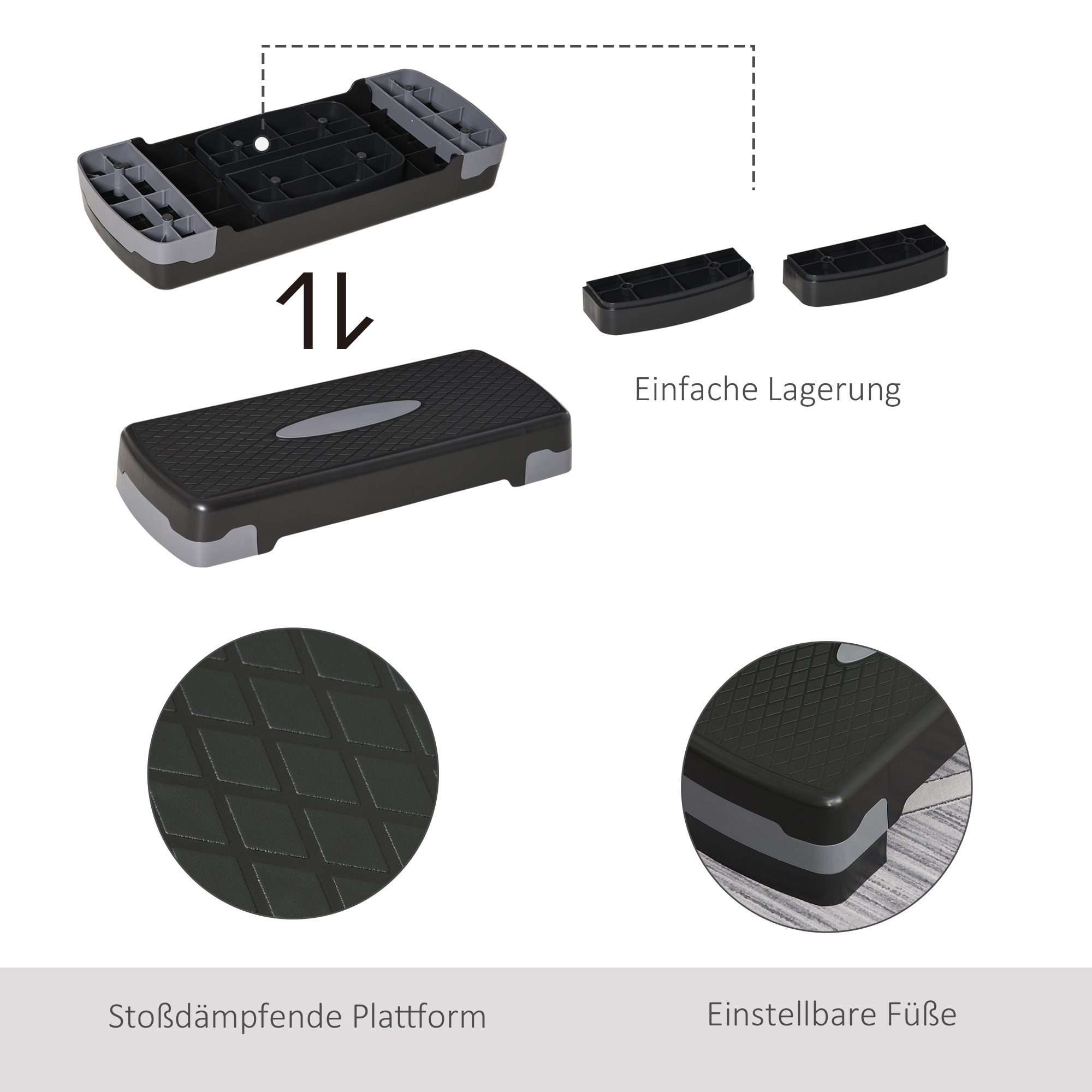 Steppbrett Aerobic Stepper 2-Stufig Höhenverstellbar 10-15cm, Rutschfest Fitness Stepper, Mini Steppbrett für Zuhause Heim Büro, Schwarz+Grau