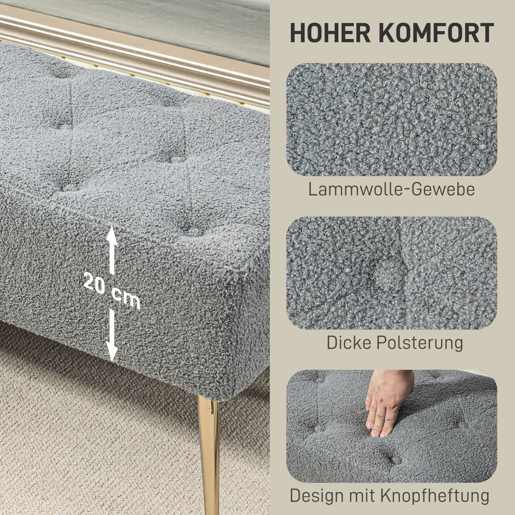 Bettbank, Sitzbank, weicher Bezug in Lammwoll-Optik, bis 120 kg, vergoldete Stahlbeine, 112x41x46cm, Grau