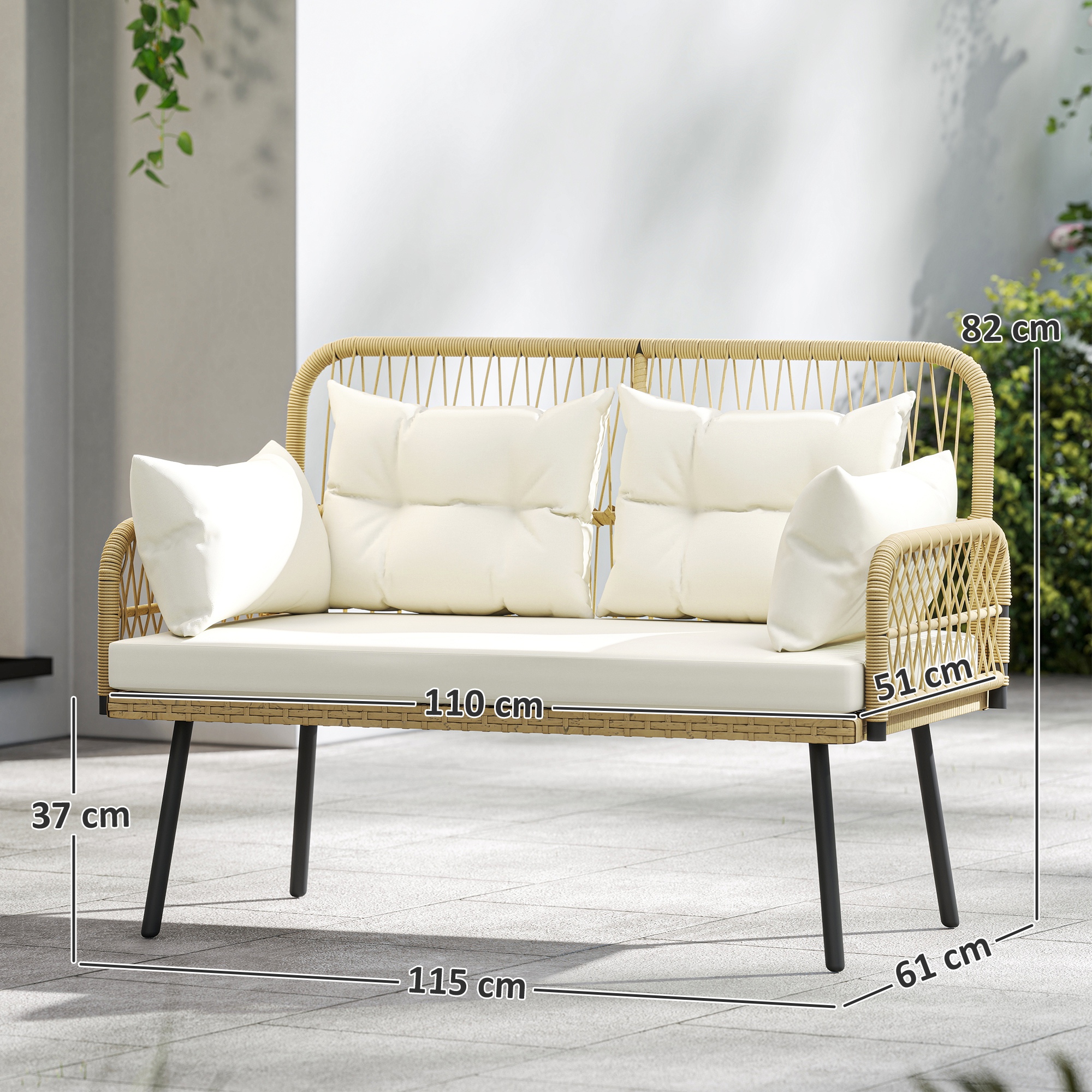 Gartensofa mit Kissen 2-Sitzer Sofa Outdoor Balkon Sofa Rattansofa Polyrattan 115 x 61 x 82 cm Naturholz