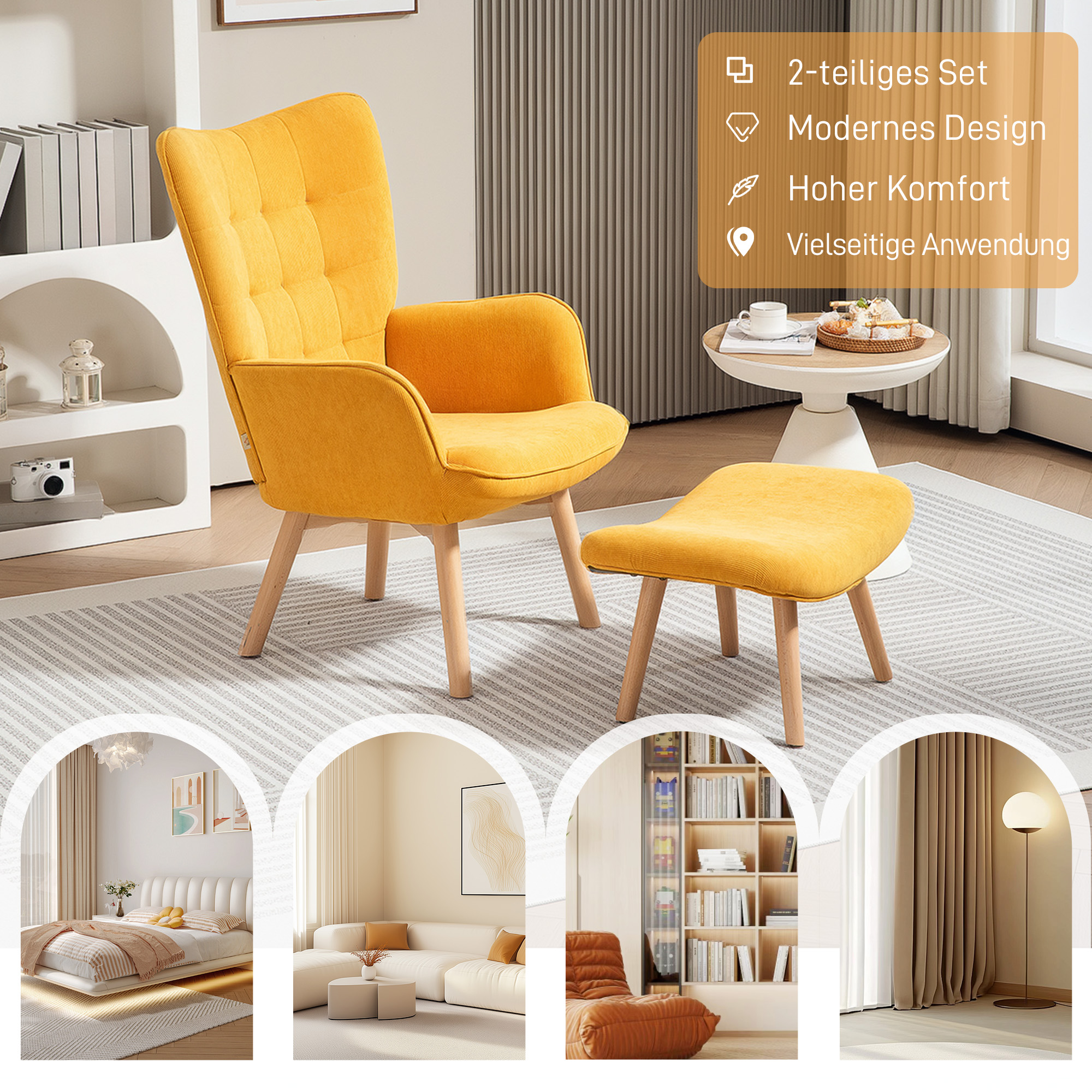 Akzentsessel mit Hocker, Relaxsessel in Cord-Optik, Armlehnstuhl mit Holzbeinen, für Wohnzimmer, Orange