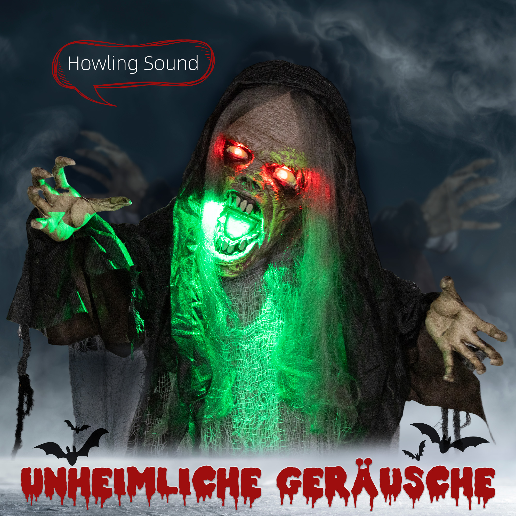 Grünes Monster, Helloweendeko, gruselige Soundeffekte, rote Augen, beweglich, 183 cm