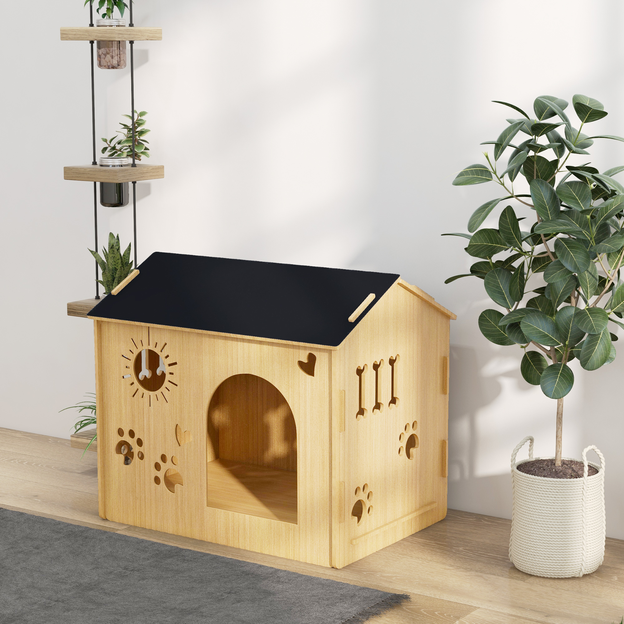 Hundehütte, mit Lüftungsöffnungen, wetterfest, Holzmaterial, Schwarz+Holzfarbe, 69 x 50 x 58,5 cm