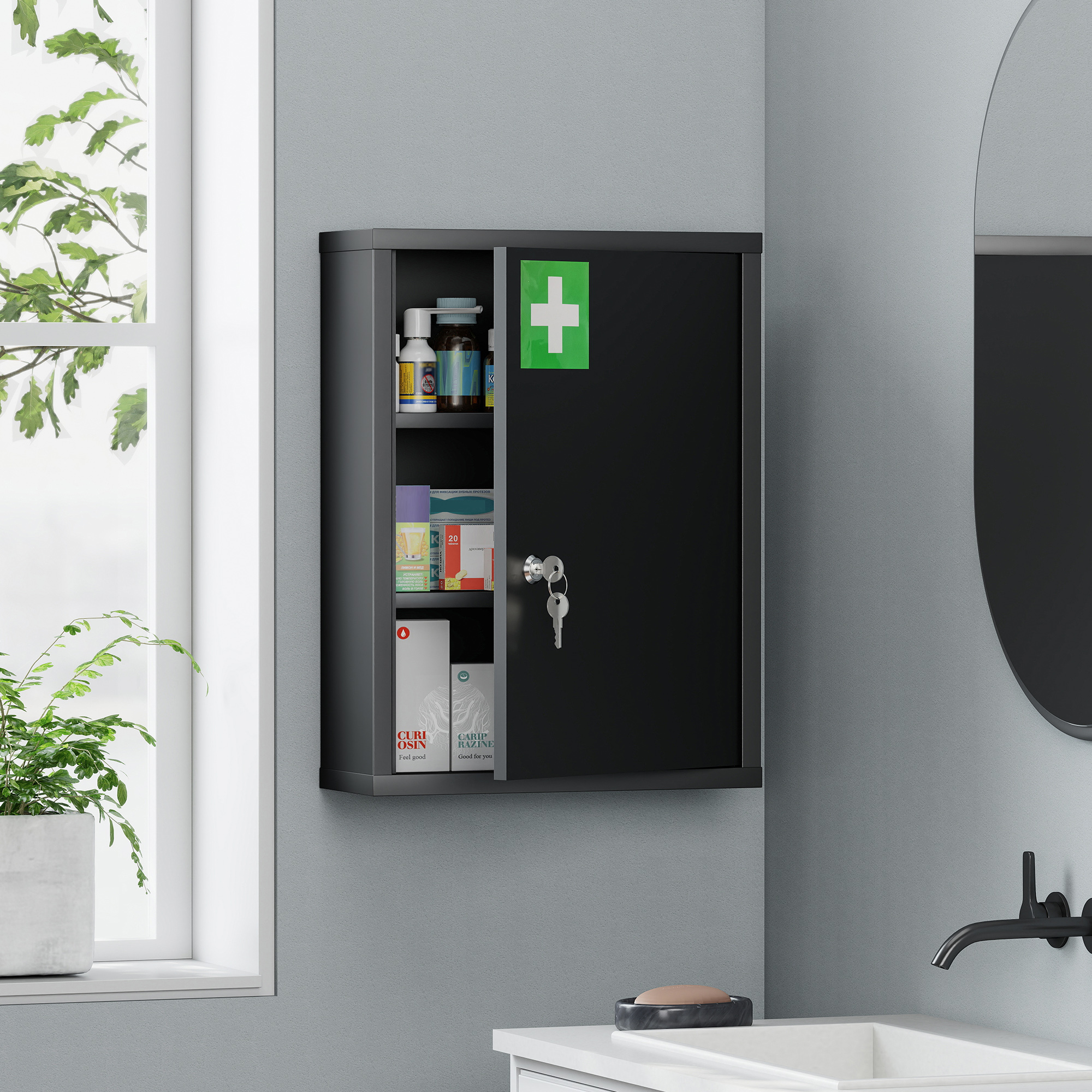 Medizinschrank zur Wandmontage mit Schloss, 3-stufiger Stahl-Wandschrank, 40 x 15 x 53,5 cm, Schwarz