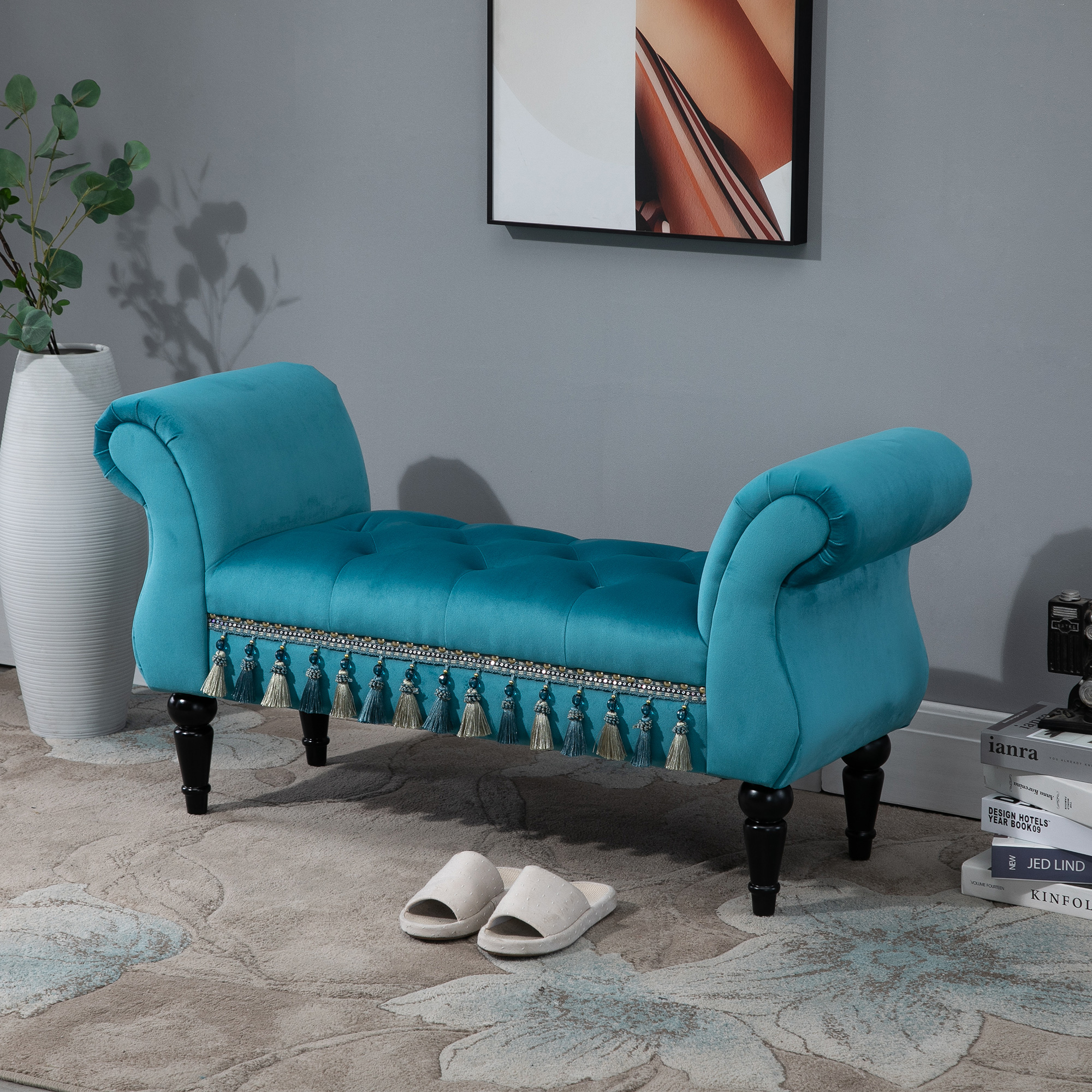Sitzbank Polsterbank mit Samt-Bezug, Armlehne Bettbank mit Holzrahmen, Schuhbank für Schlafzimmer, Wohnzimmer, Flur 117 x 40 x 58 cm Blau