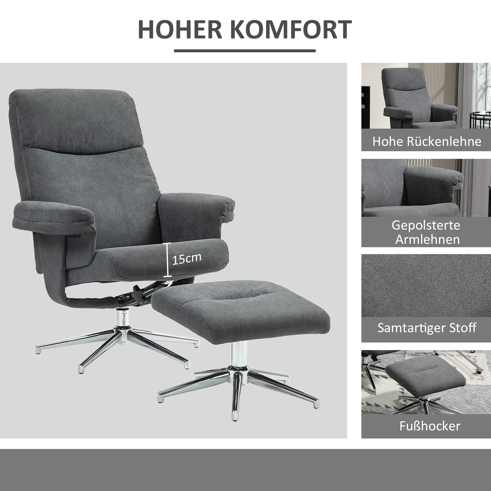 Relaxsessel mit Hocker, verstellbare Rückenlehne, Samtoptik, bis 150 kg, Anthrazit