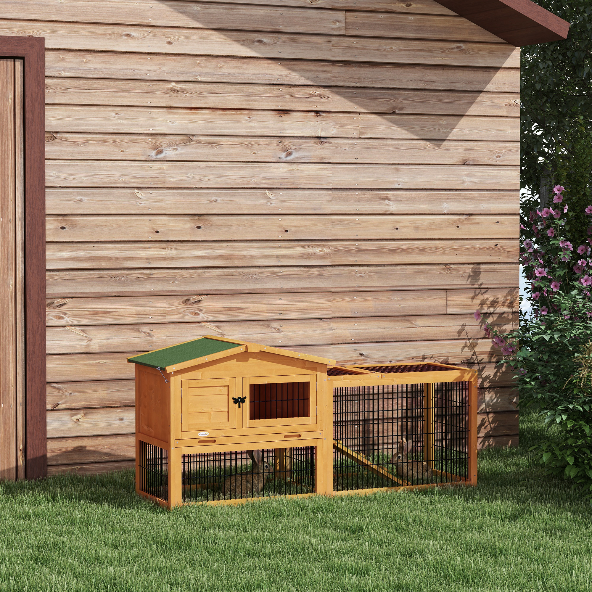 Hasenstall 2 Ebenen Kaninchenstall Tannenholz Winterfest Doppelstockhaus mit Freilaufgehege Rampe 150x52x68 cm Gelb