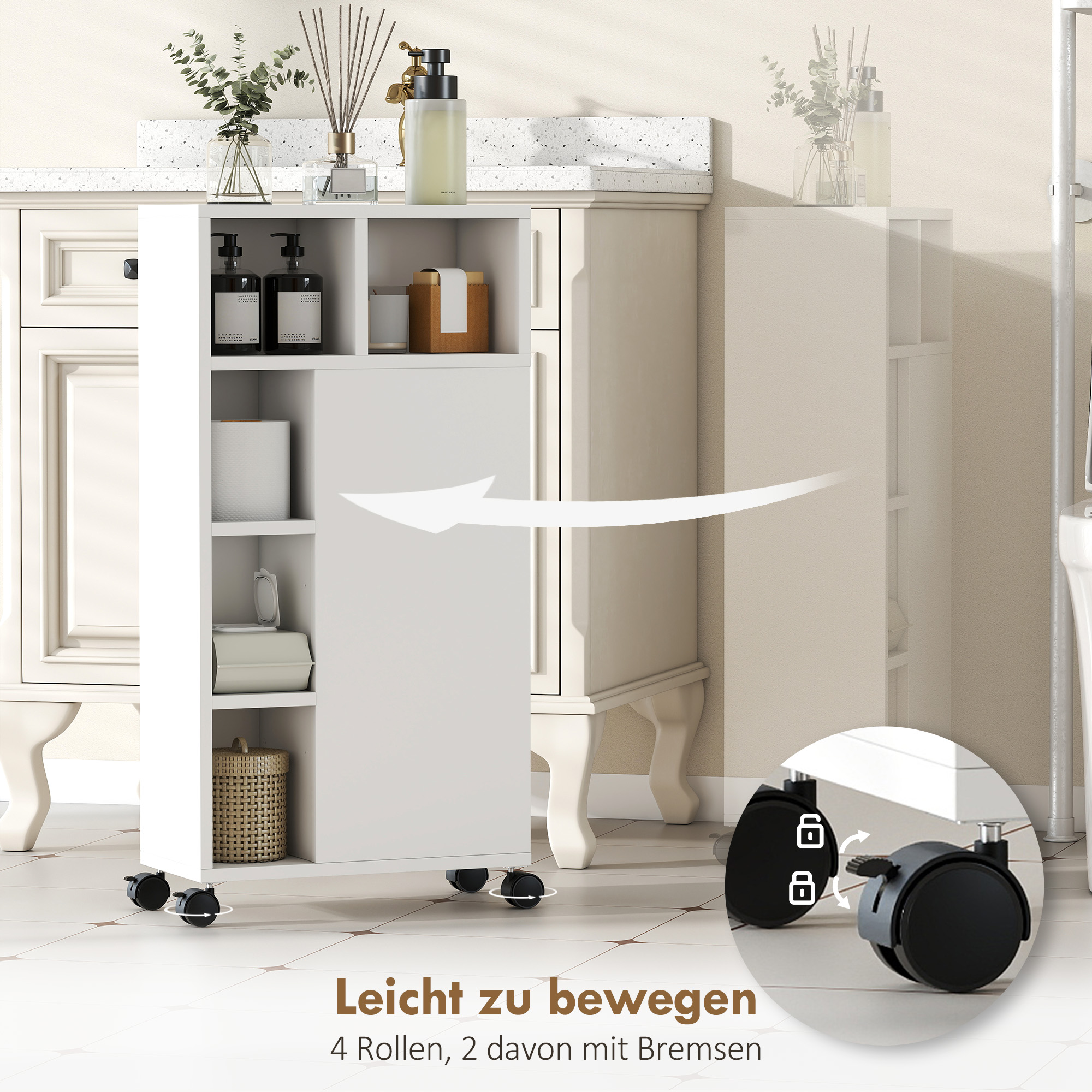 Badezimmerschrank Schmal, Badschrank mit 4 Rollen, 3 Schubladen, 5 offenen Fächern, 20x40x80cm, Weiß