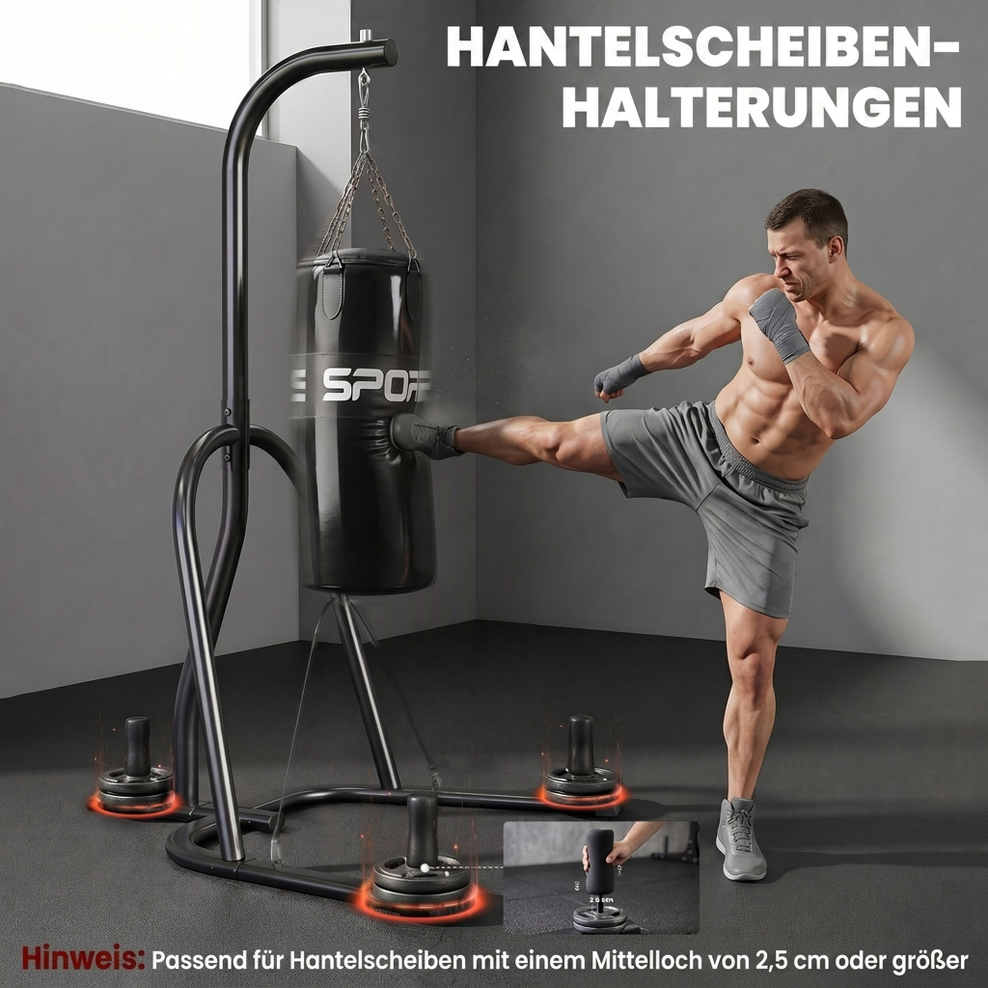 Boxsackständer Freistehender Boxsackhalter mit Boxsack Bungee-Seil 360° Kette U-basis Hantelscheibenhalterung Stahl