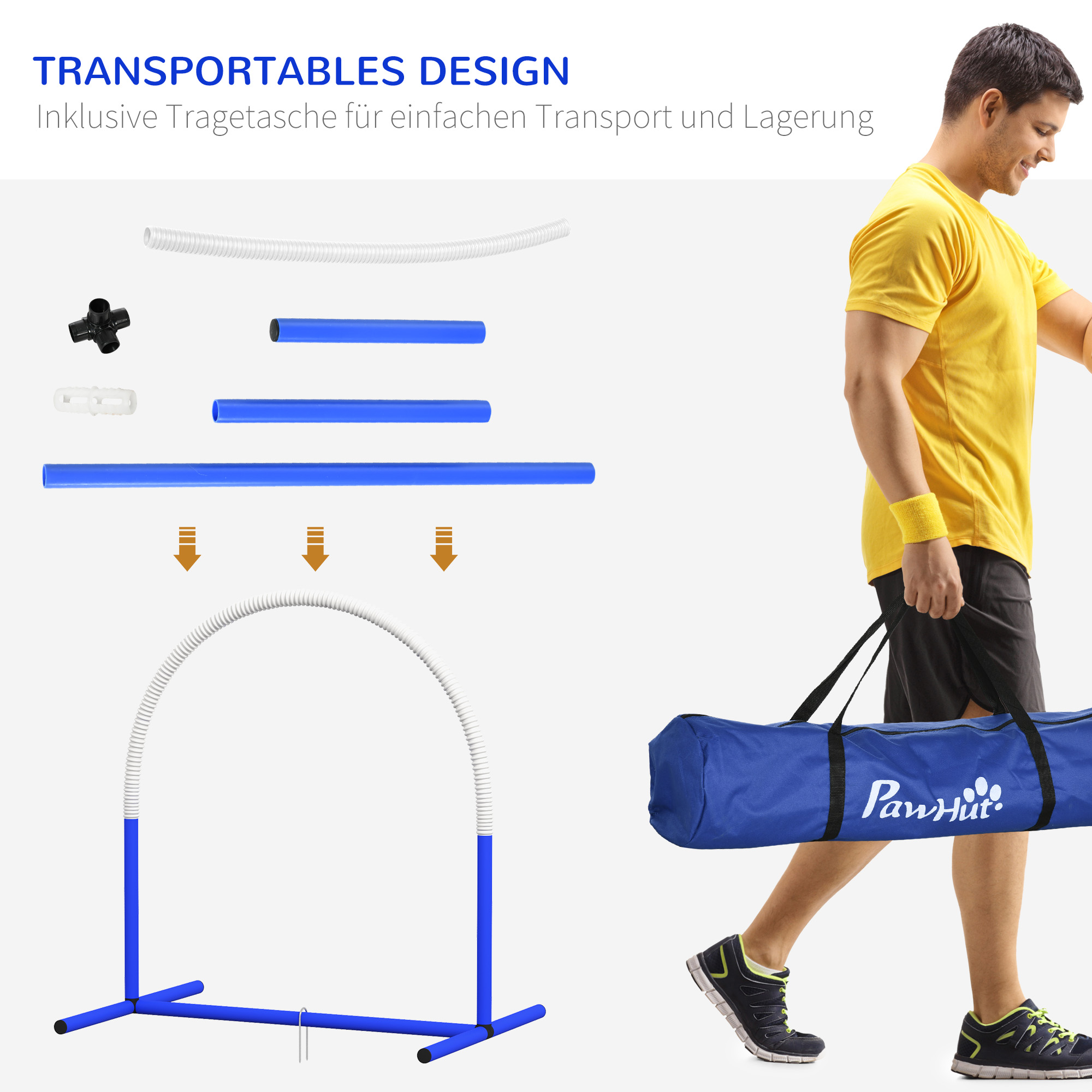 Agility-Set für Hunde, Hundetraining, 4 Bögen, für Einsteiger, mit Tragetasche, blau+weiß, 88 x 64 x 95cm