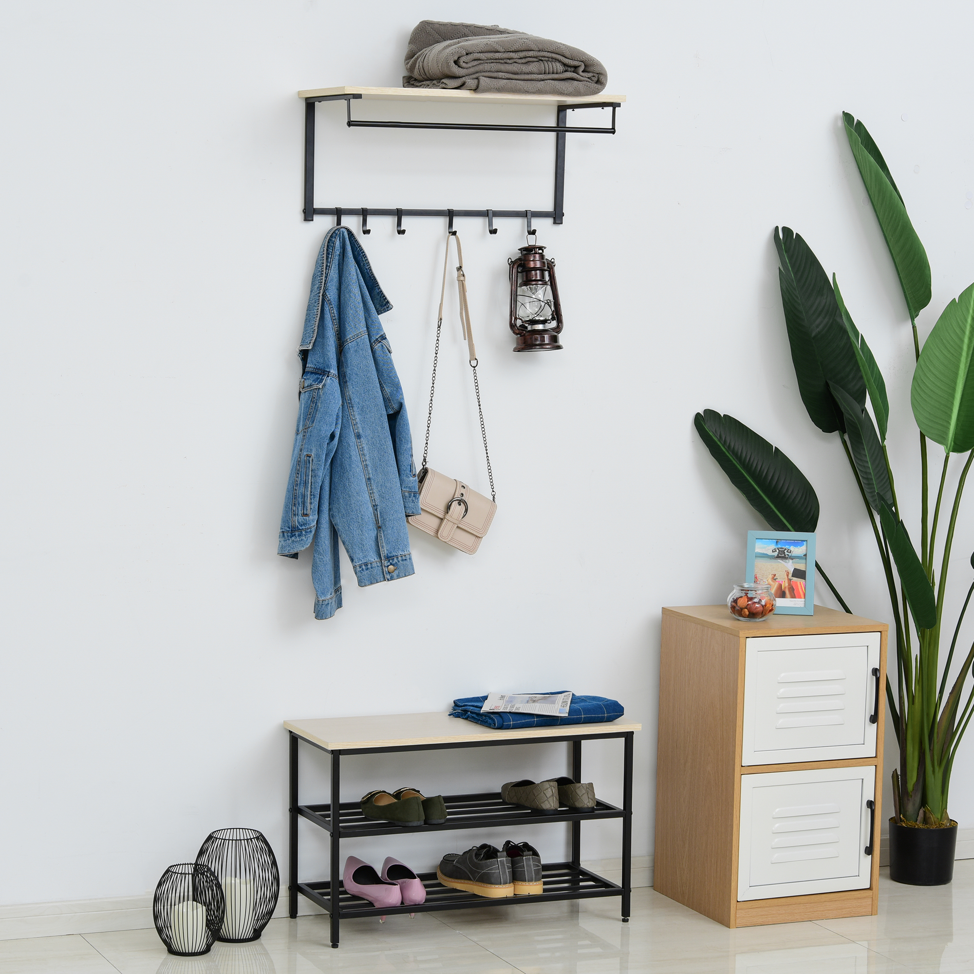 2-in-1 Garderobenset Flurgaderobe mit Sitzbank Wandgarderobe für Eingangsbereich, 6 Haken, Natur+Schwarz, 75 x 30 x 45 cm(Sitzbank)