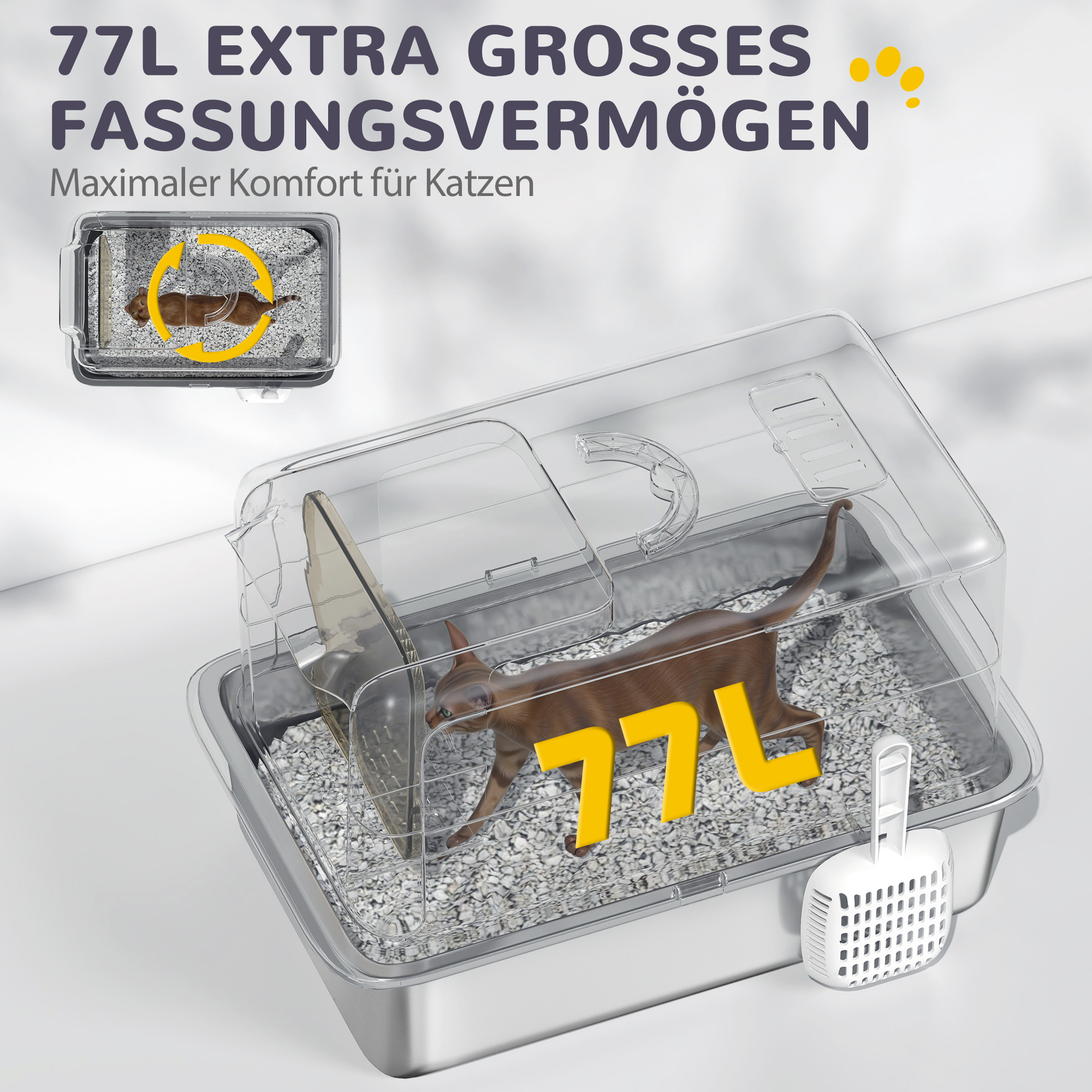 Katzentoilette, Wanne aus Edelstahl, Filter, Schaufel, für Katzen bis 6 kg, 40,5 x 60,5 x 41,5 cm, Weiß/Silber