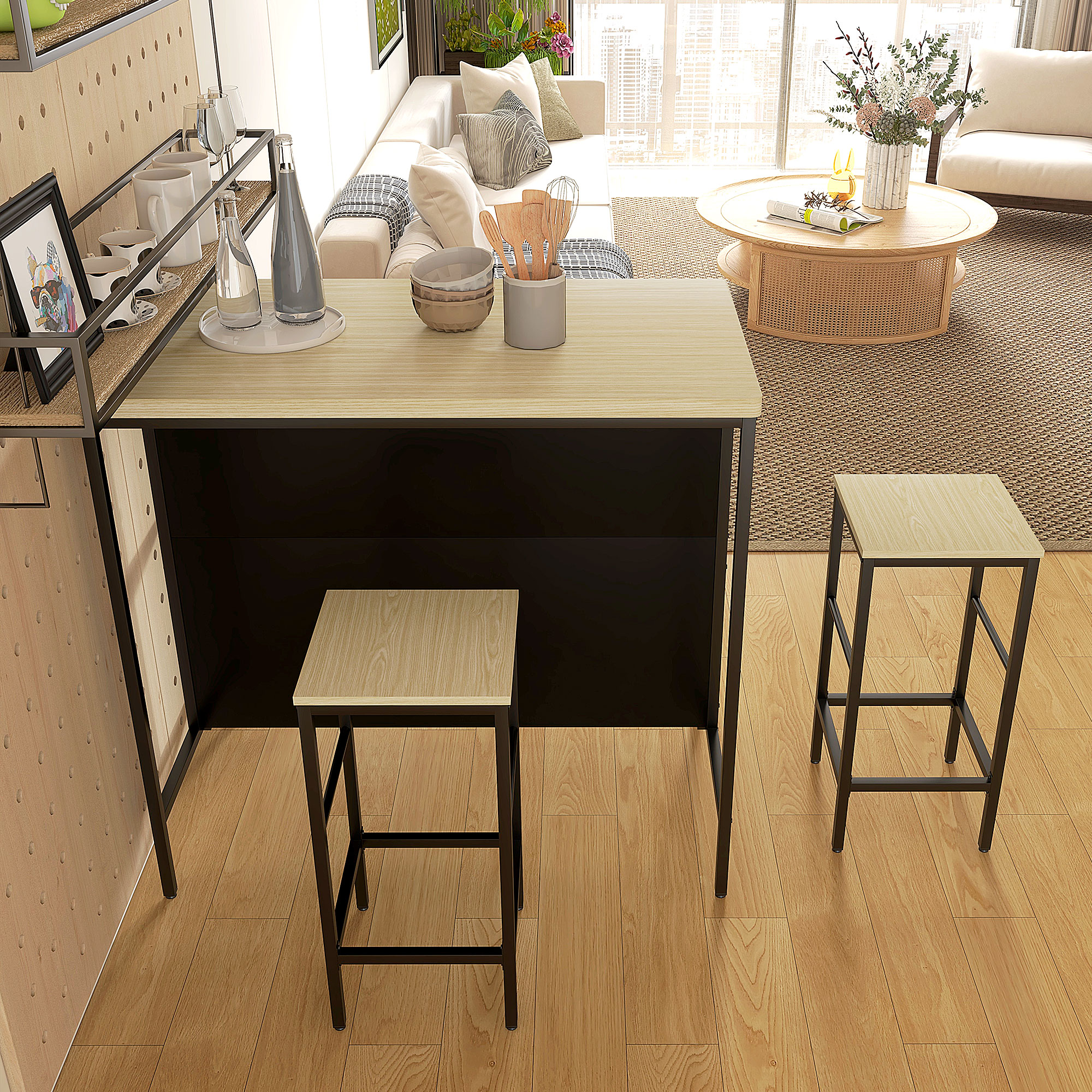 Bar-Set, 2 Barstühle & 1 Bartisch, fleckenresistent, stabil, Stahlrahmen, Schwarz/Eiche