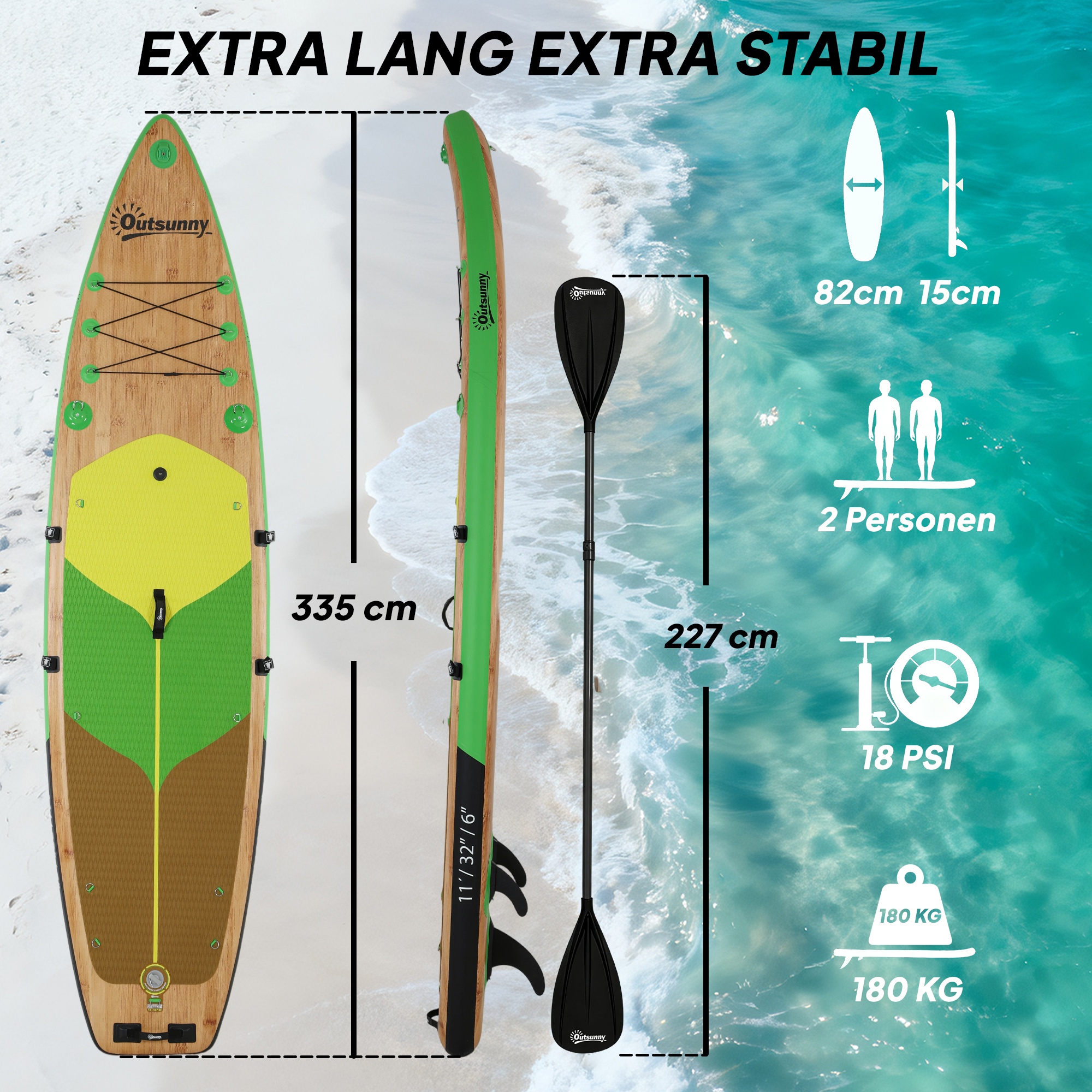 Stand Up Paddling Board Set Aufblasbar 335cm SUP Board mit Kajak Sitz, Verstellbares Doppel-Paddel Fußschlaufe