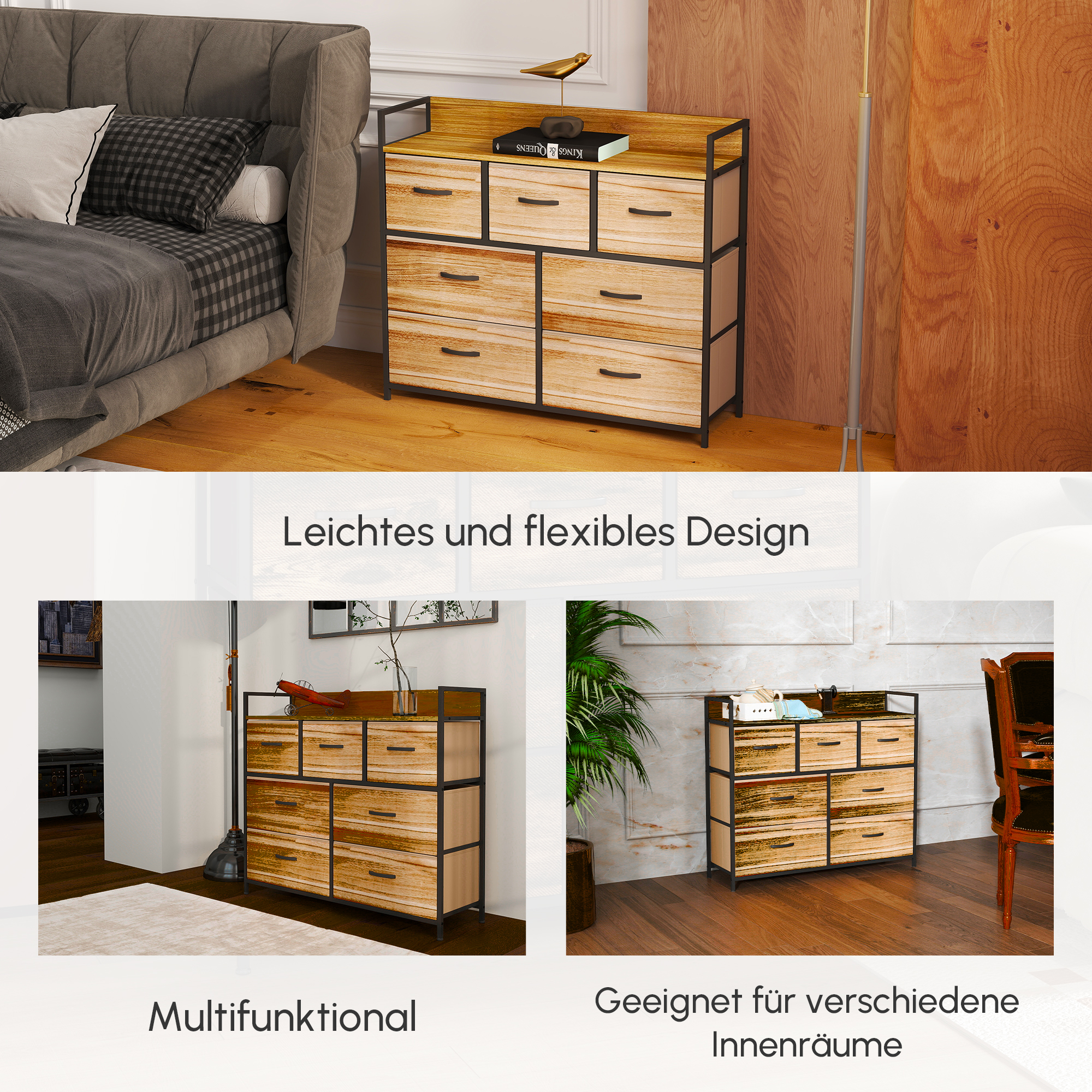 Kommode, Sideboard mit 7 Stoffschubladen, Industrial Design, Stahlrahmen, 98x29x85cm, Braun/Schwarz