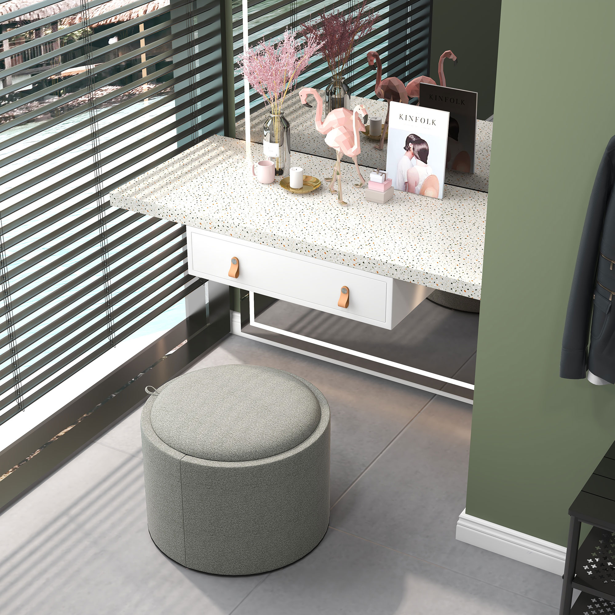 Hocker Polsterhocker, Leinen, versteckter Stauraum, umkehrbarer Deckel, 5 6cm x 56 cm x 42 cm, Grau + Natur