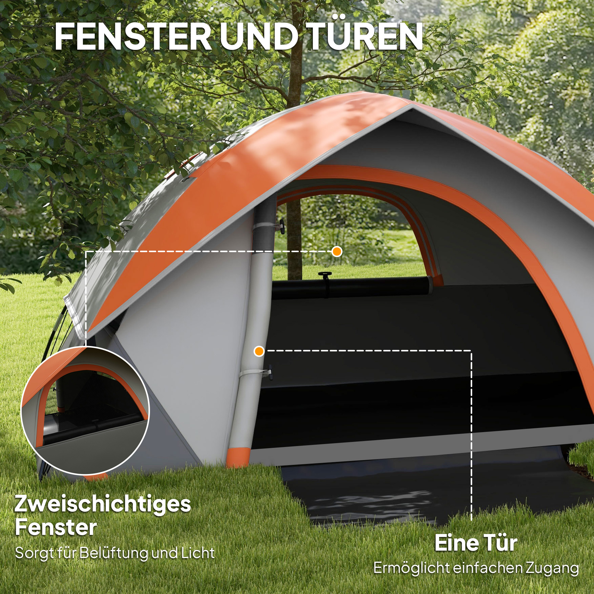 Kuppelzelt für 2 Personen leicht, stabil wasserdicht Familienzelt mit Tür&Fenster Packtasche Grau+Rostrot