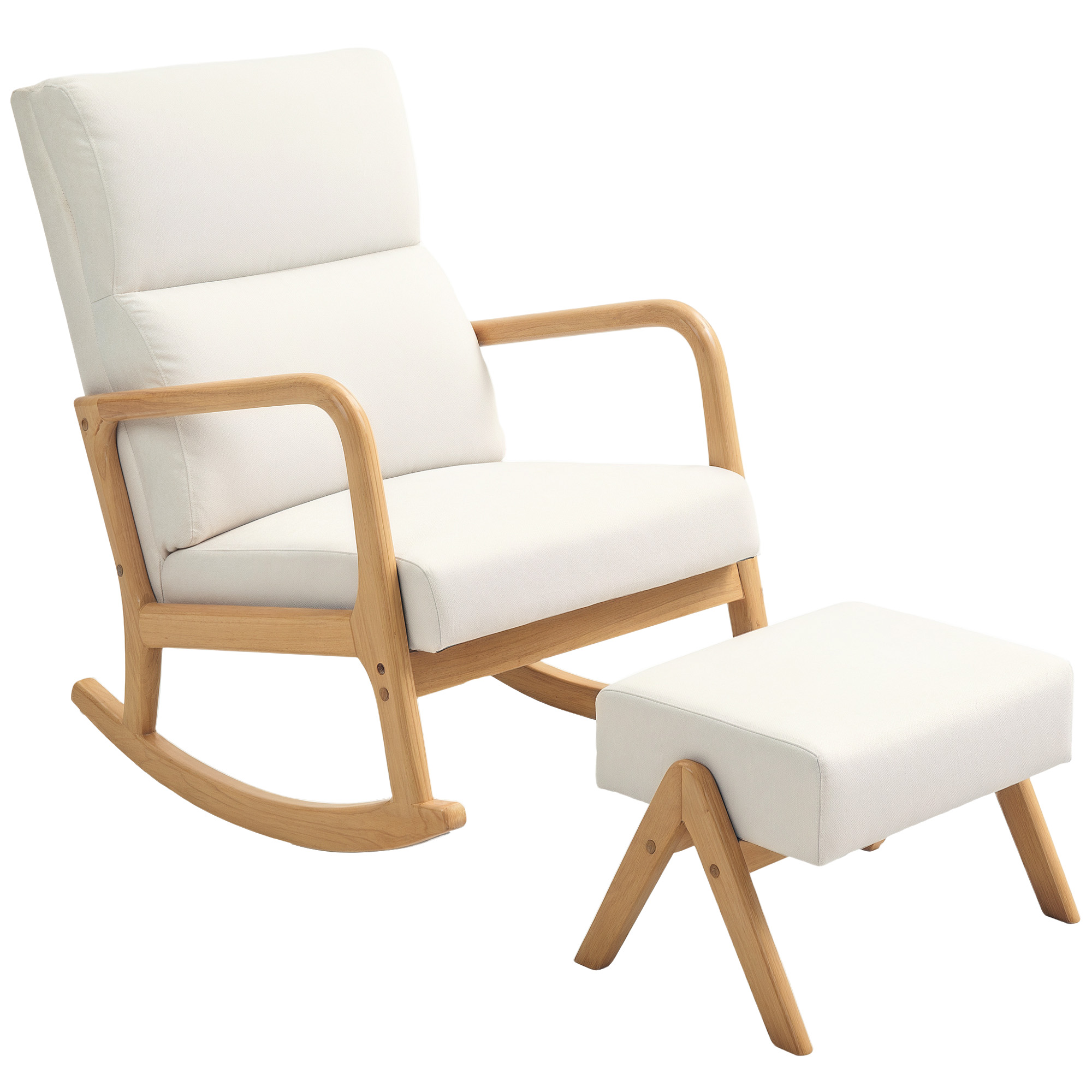 Schaukelstuhl mit Hocker, weiche Polsterung, Leinenoptik, Holzrahmen, Cremeweiß Schaukelstuhl mit Hocker, weiche Polsterung, Leinenoptik, Holzrahmen, Cremeweiß