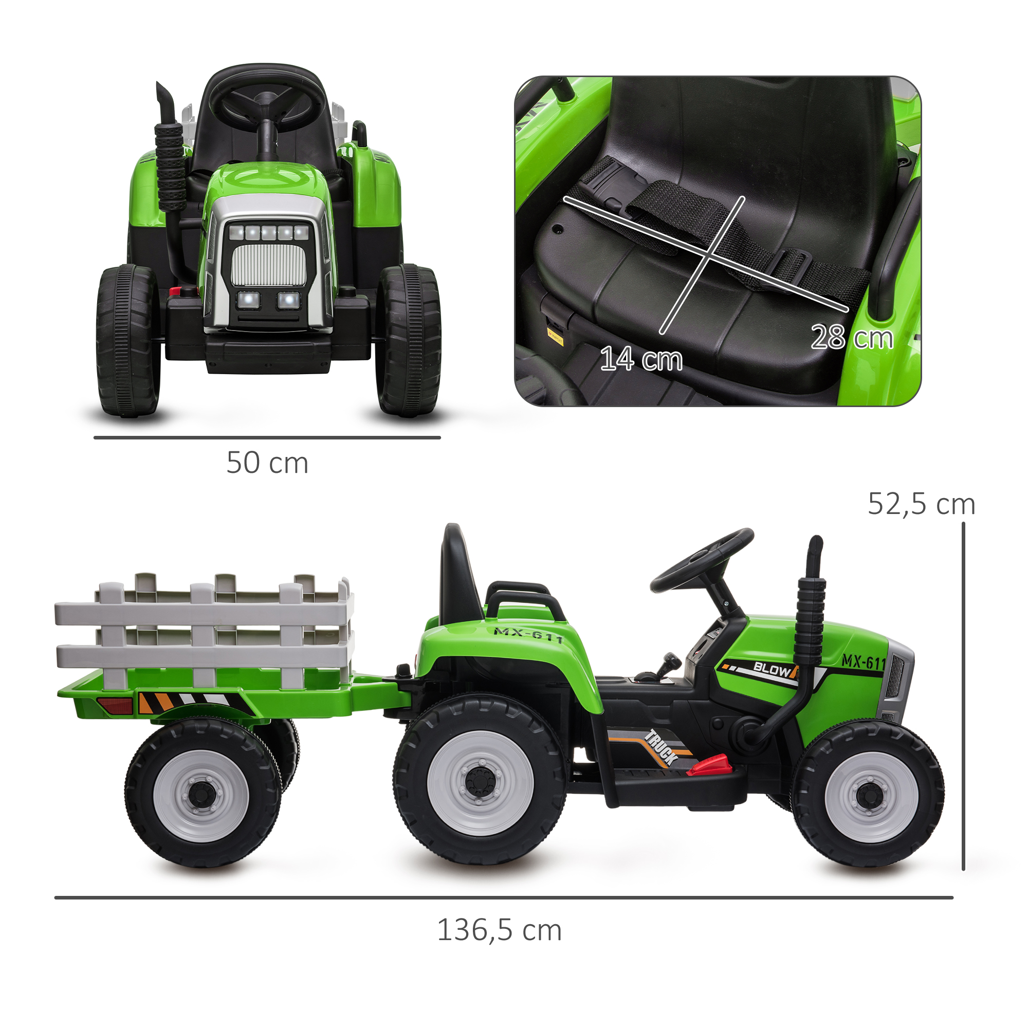Kinderauto, Kinder-Traktor, inkl. Eltern-Fernbedienung, max. Geschwindigkeit von 6 km/h;, Grün + Schwarz
